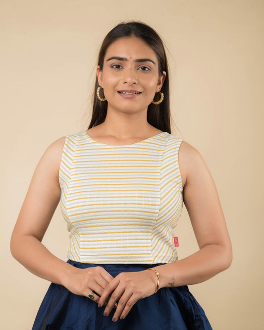 Dhara Cream Striped Boat Neck Stretchable Blouse by Advi