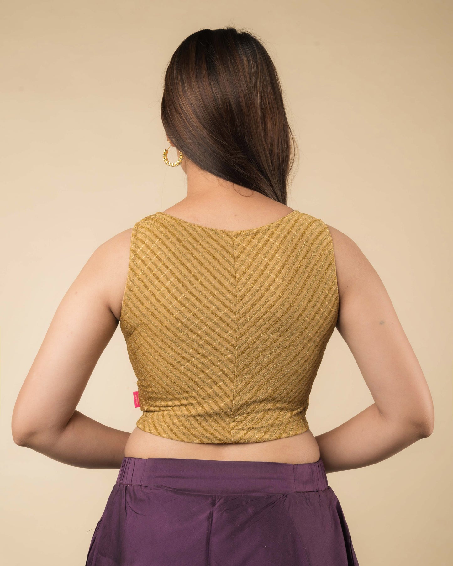 Dhara Dark Gold Sleeveless Blouse with Metallic Stripes by Advi