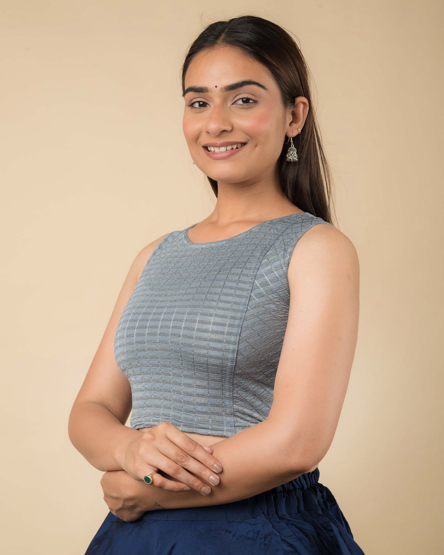 Dhara Gray Self Design Striped Sleeveless Blouse by Advi