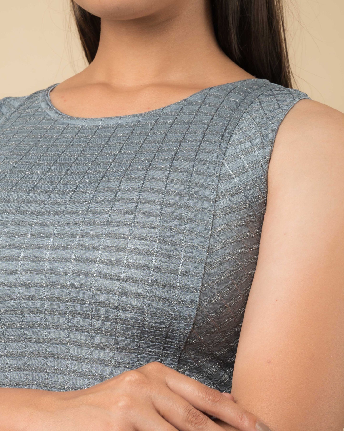 Dhara Gray Self Design Striped Sleeveless Blouse by Advi