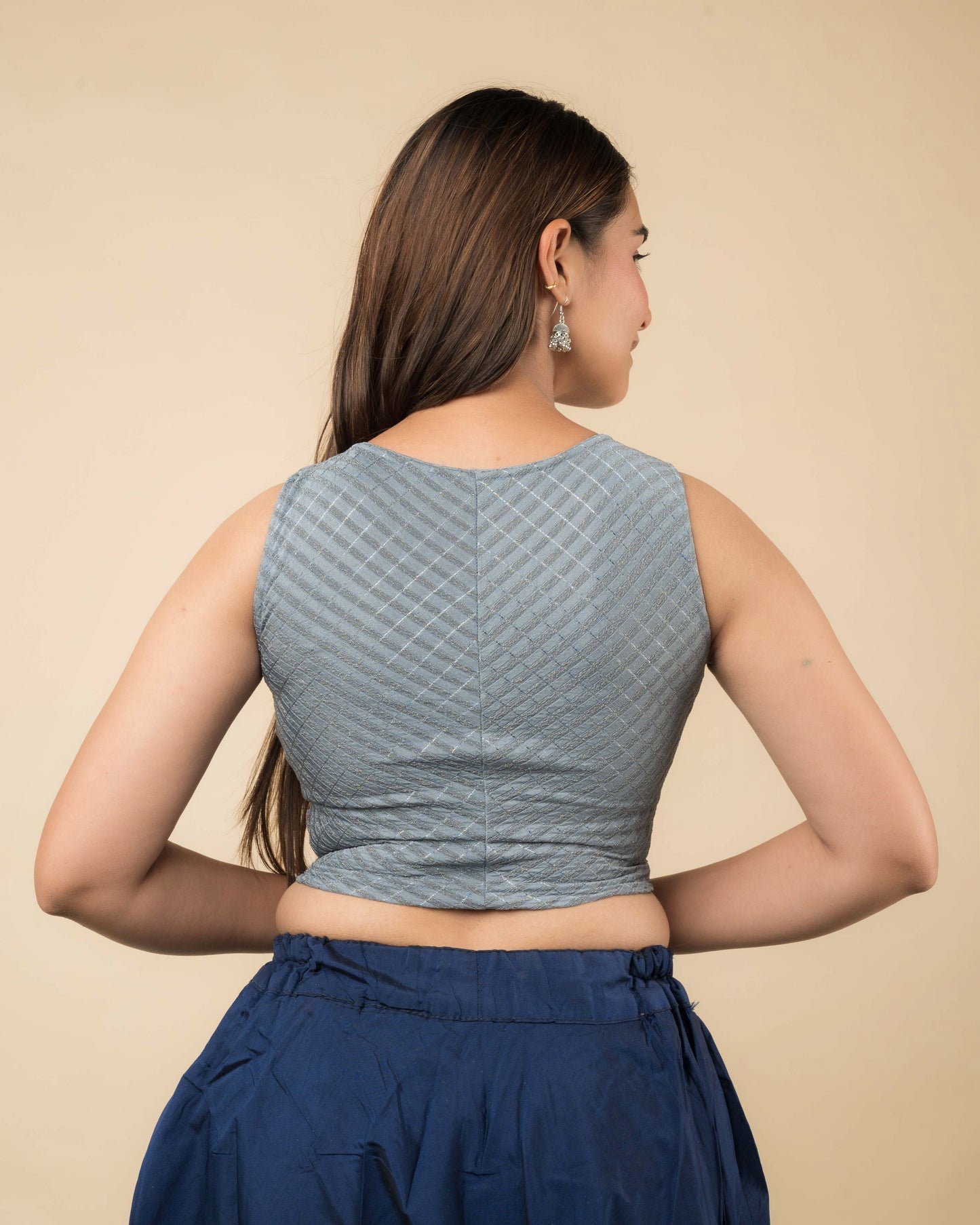 Dhara Gray Self Design Striped Sleeveless Blouse by Advi