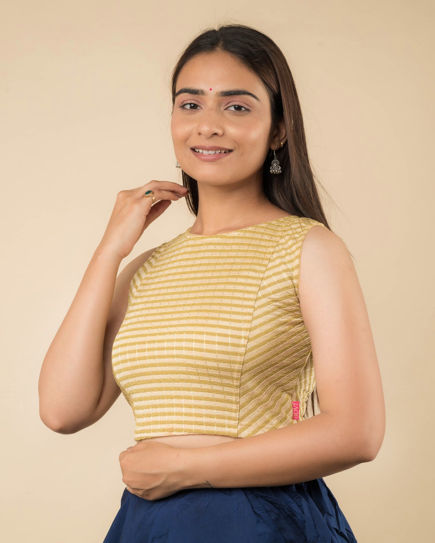 Dhara Light Fawn Striped Sleeveless Boat Neck Blouse by Advi