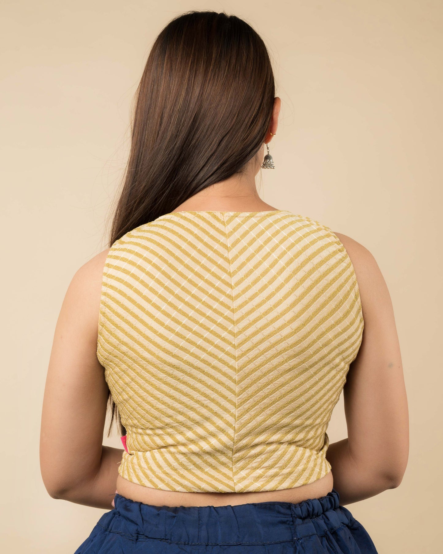 Dhara Light Fawn Striped Sleeveless Boat Neck Blouse by Advi