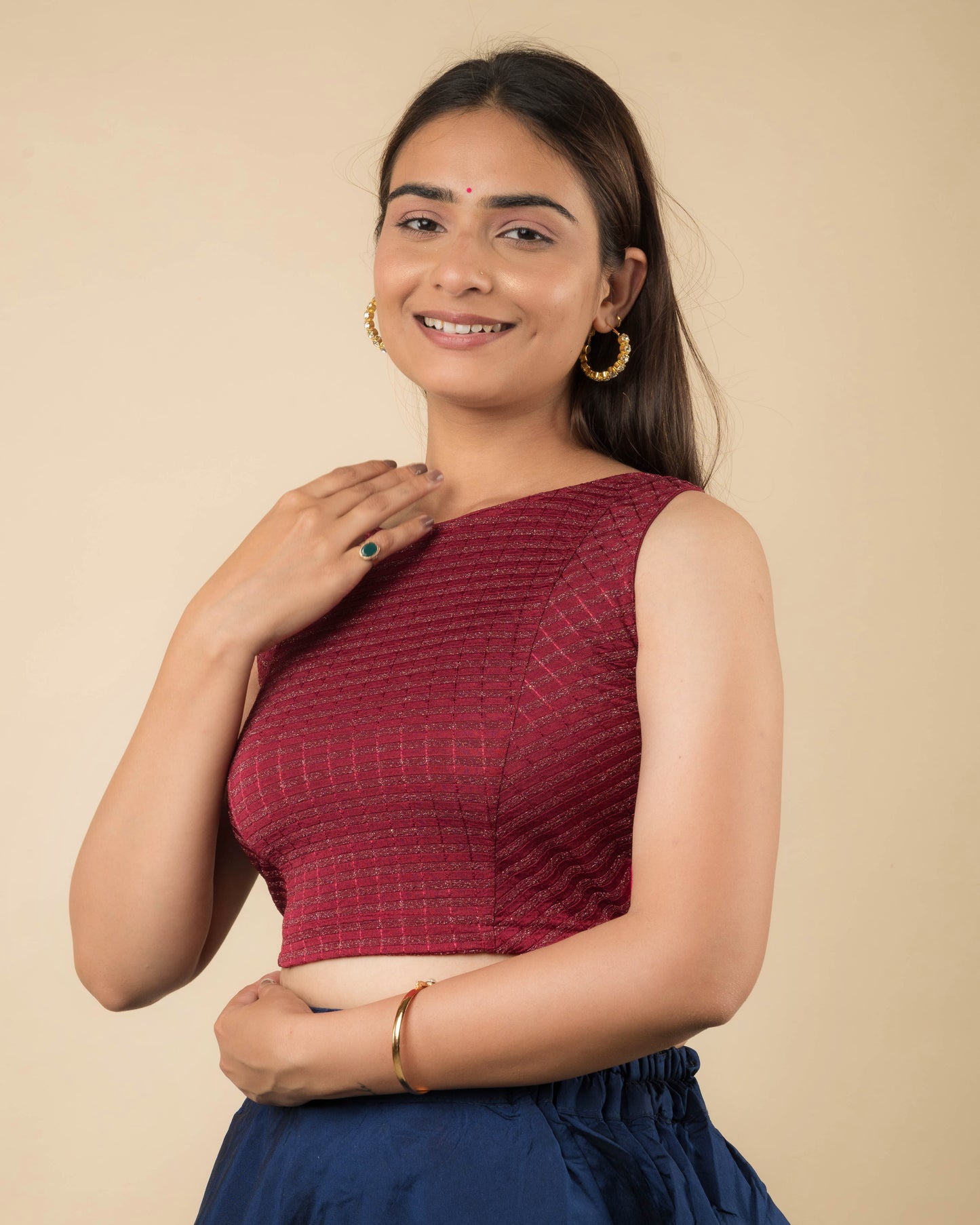 Dhara Maroon Metallic Striped Boat Neck Blouse by Advi