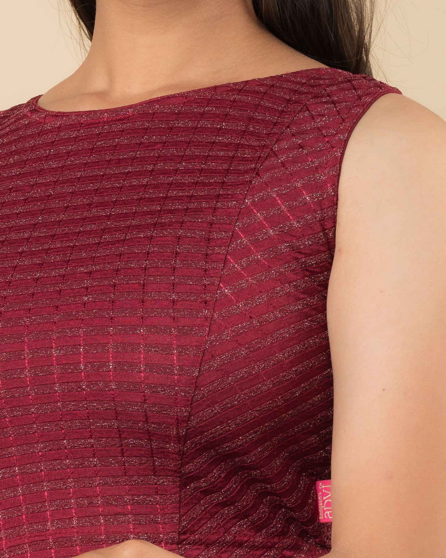 Dhara Maroon Metallic Striped Boat Neck Blouse by Advi