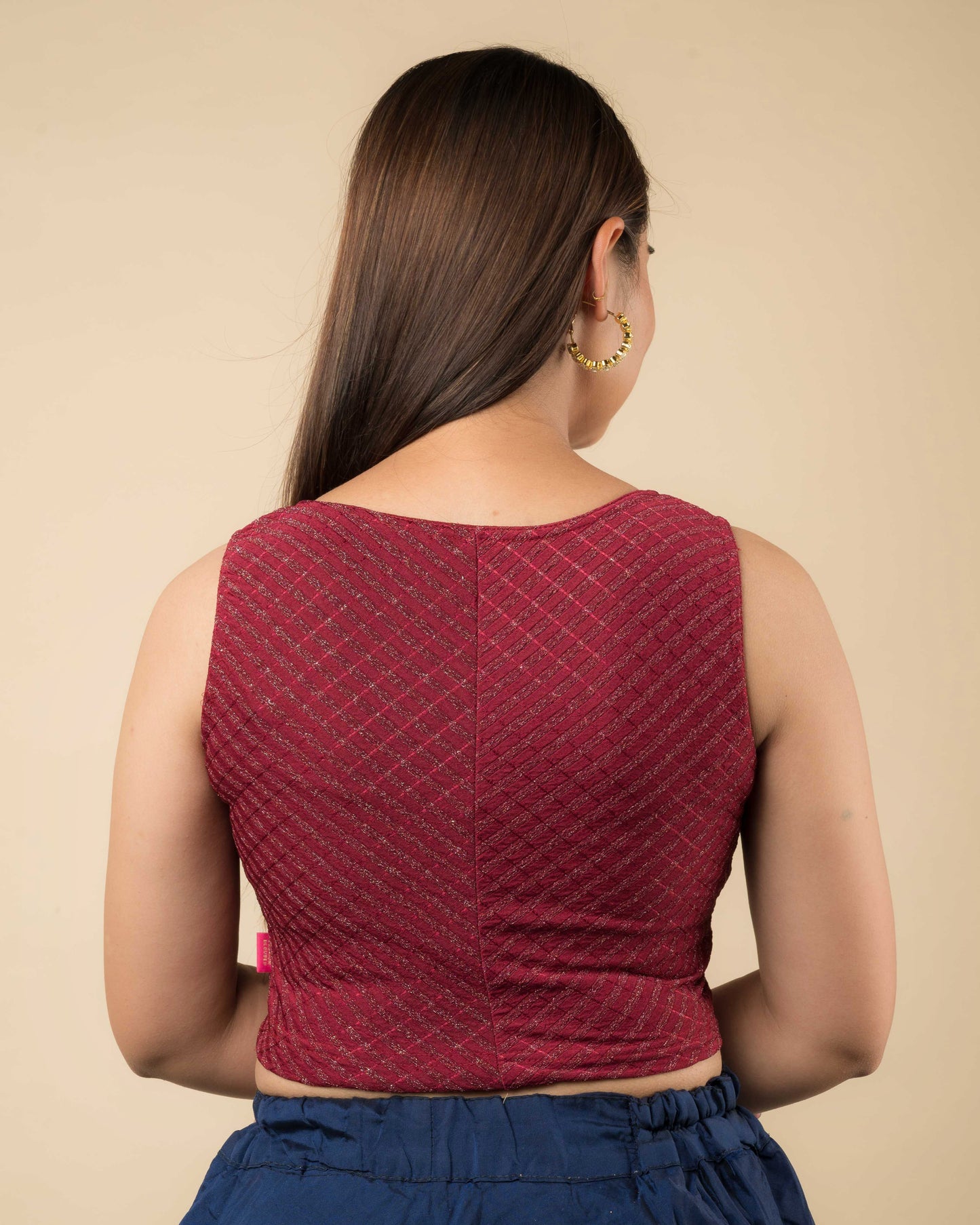 Dhara Maroon Metallic Striped Boat Neck Blouse by Advi