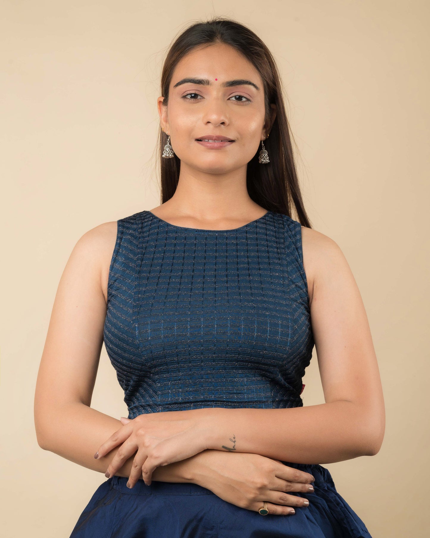 Dhara Navy Striped Stretchable Blouse with Boat Neck by Advi