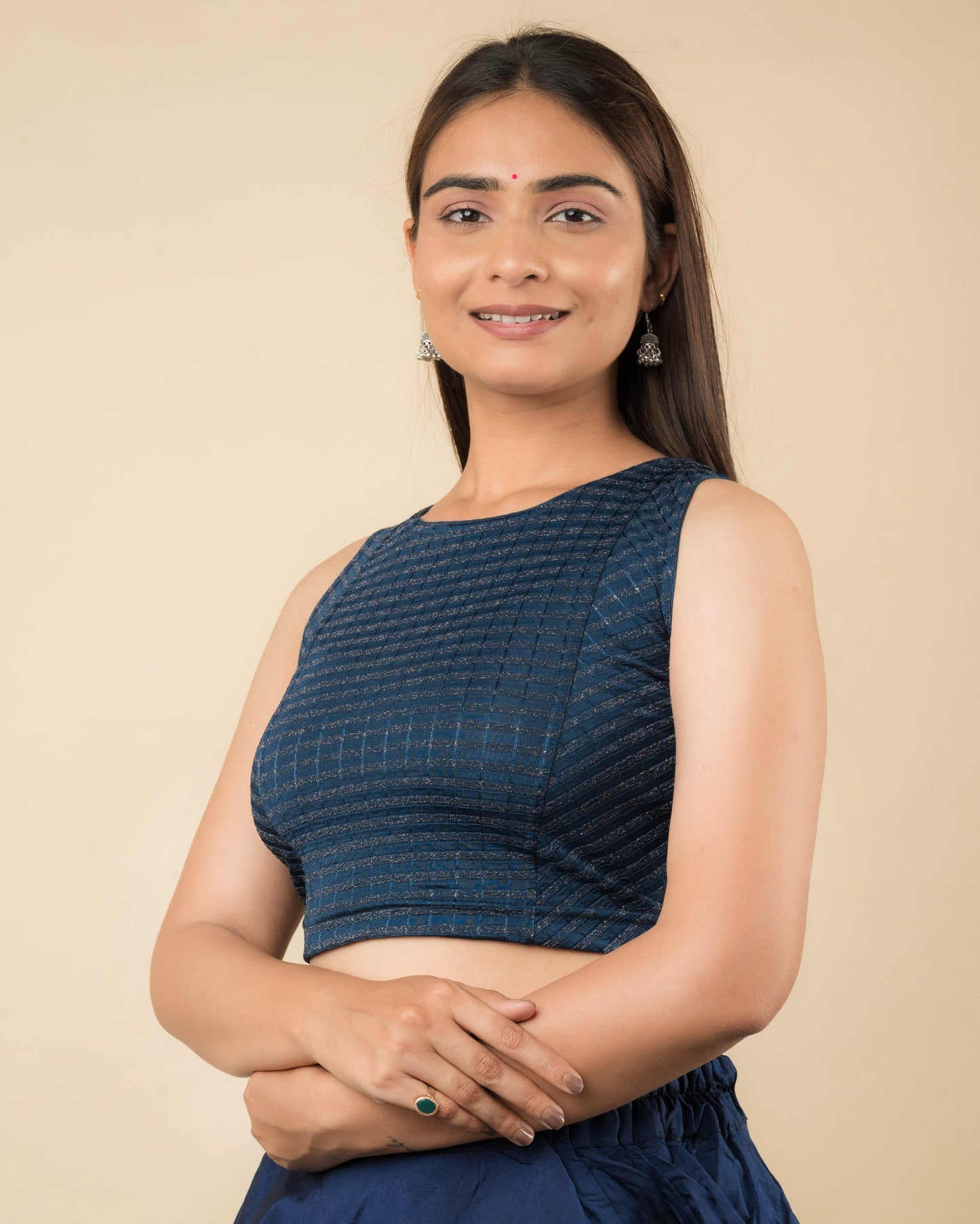 Dhara Navy Striped Stretchable Blouse with Boat Neck by Advi