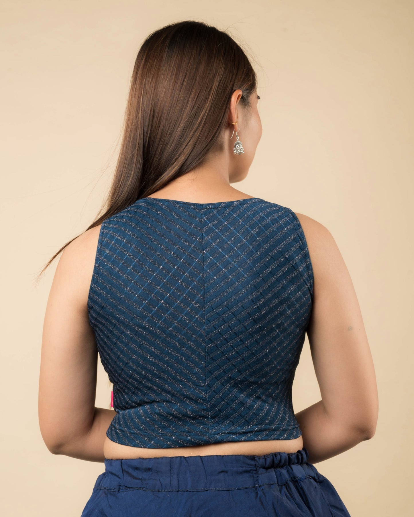 Dhara Navy Striped Stretchable Blouse with Boat Neck by Advi