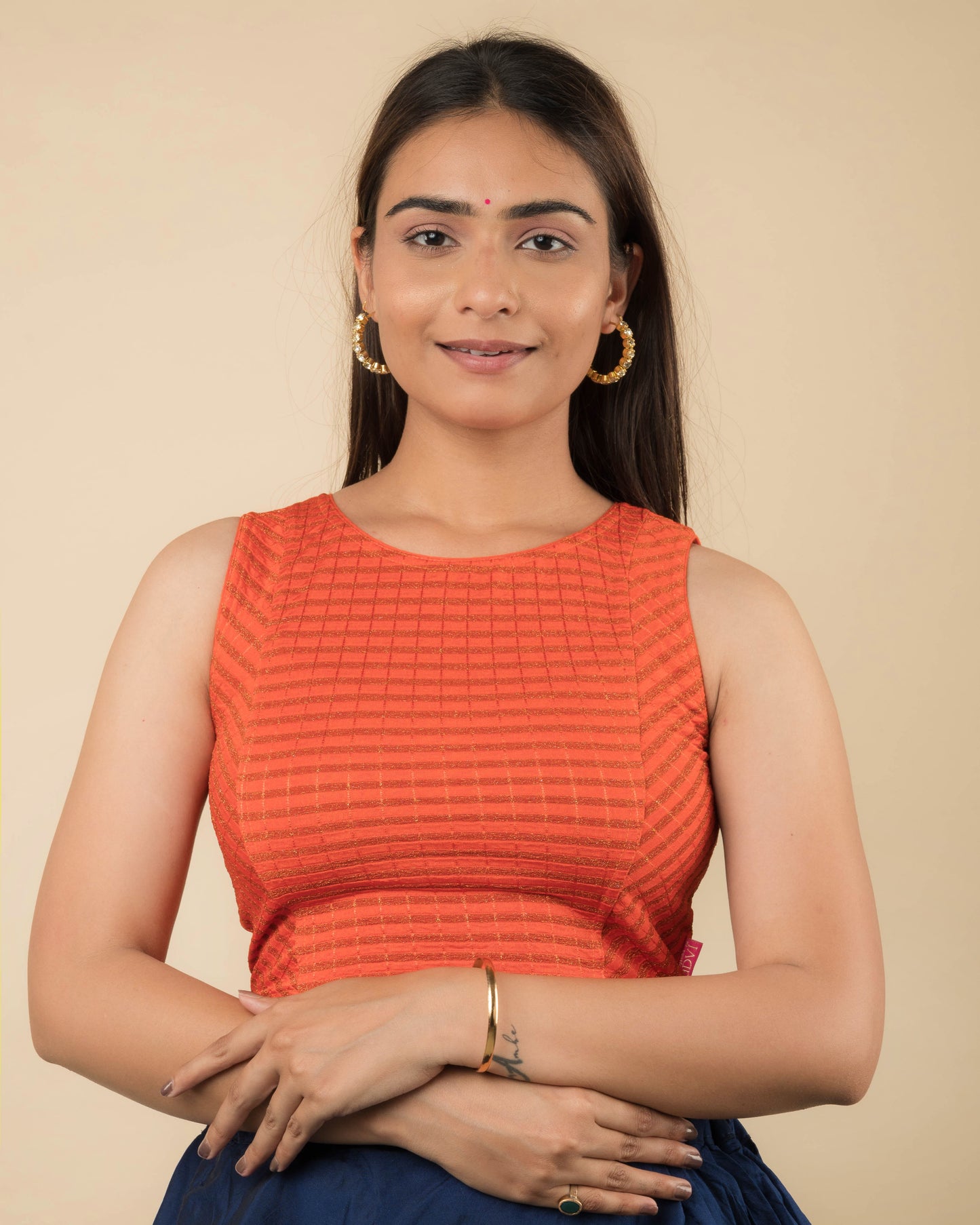 Dhara Orange Sleeveless Blouse with Metallic Stripes by Advi