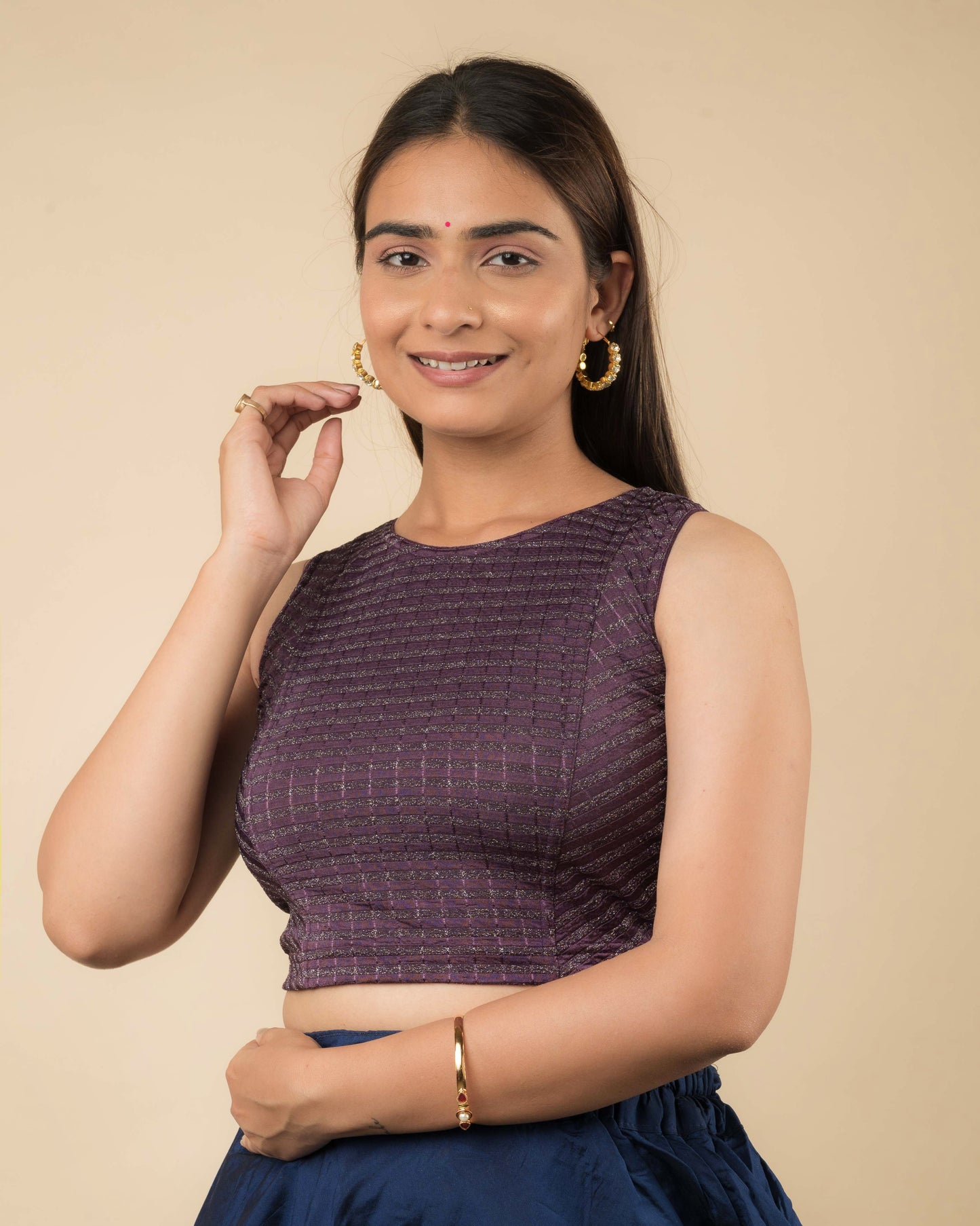 Dhara Purple Self Design Striped Boat Neck Blouse by Advi