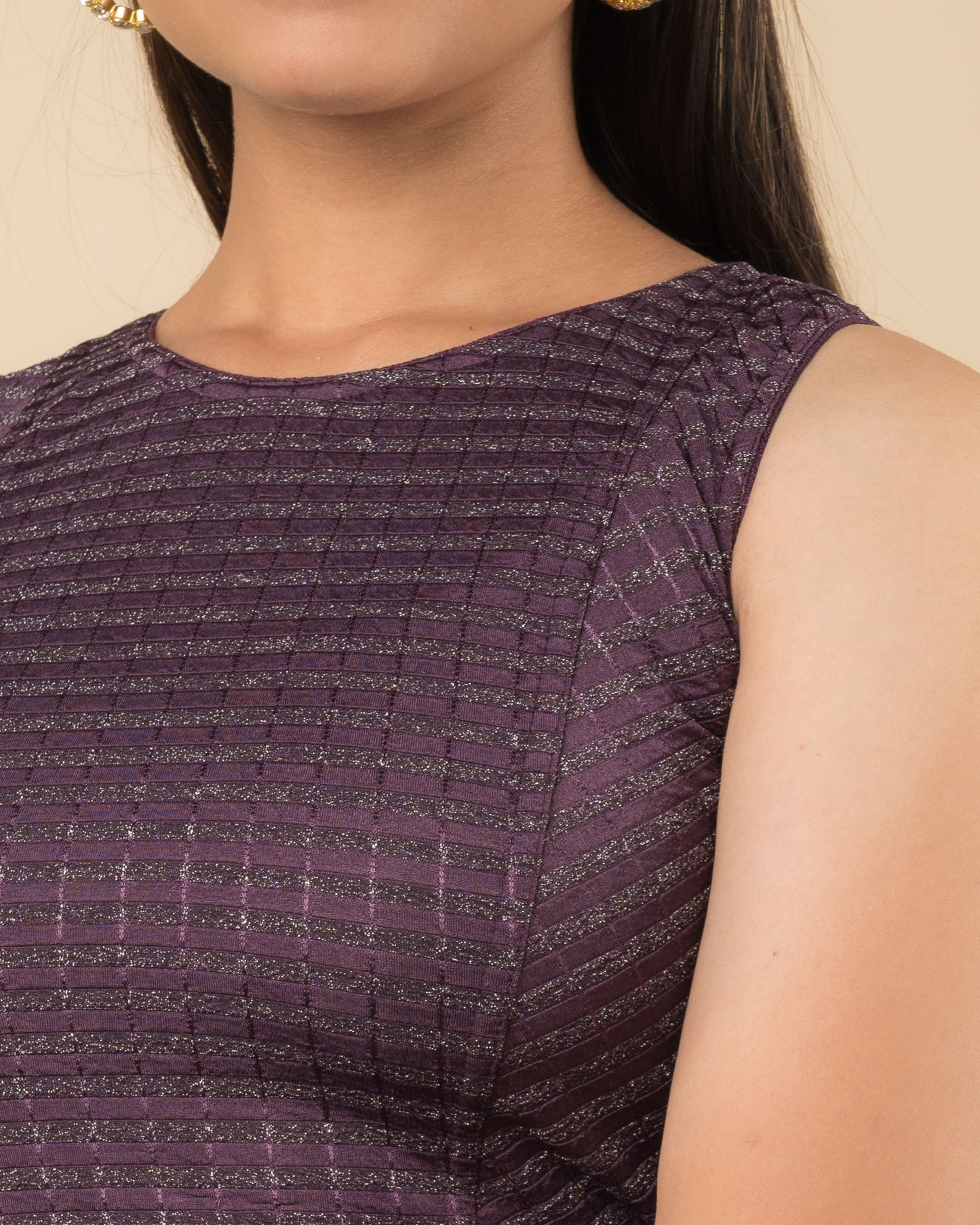 Dhara Purple Self Design Striped Boat Neck Blouse by Advi