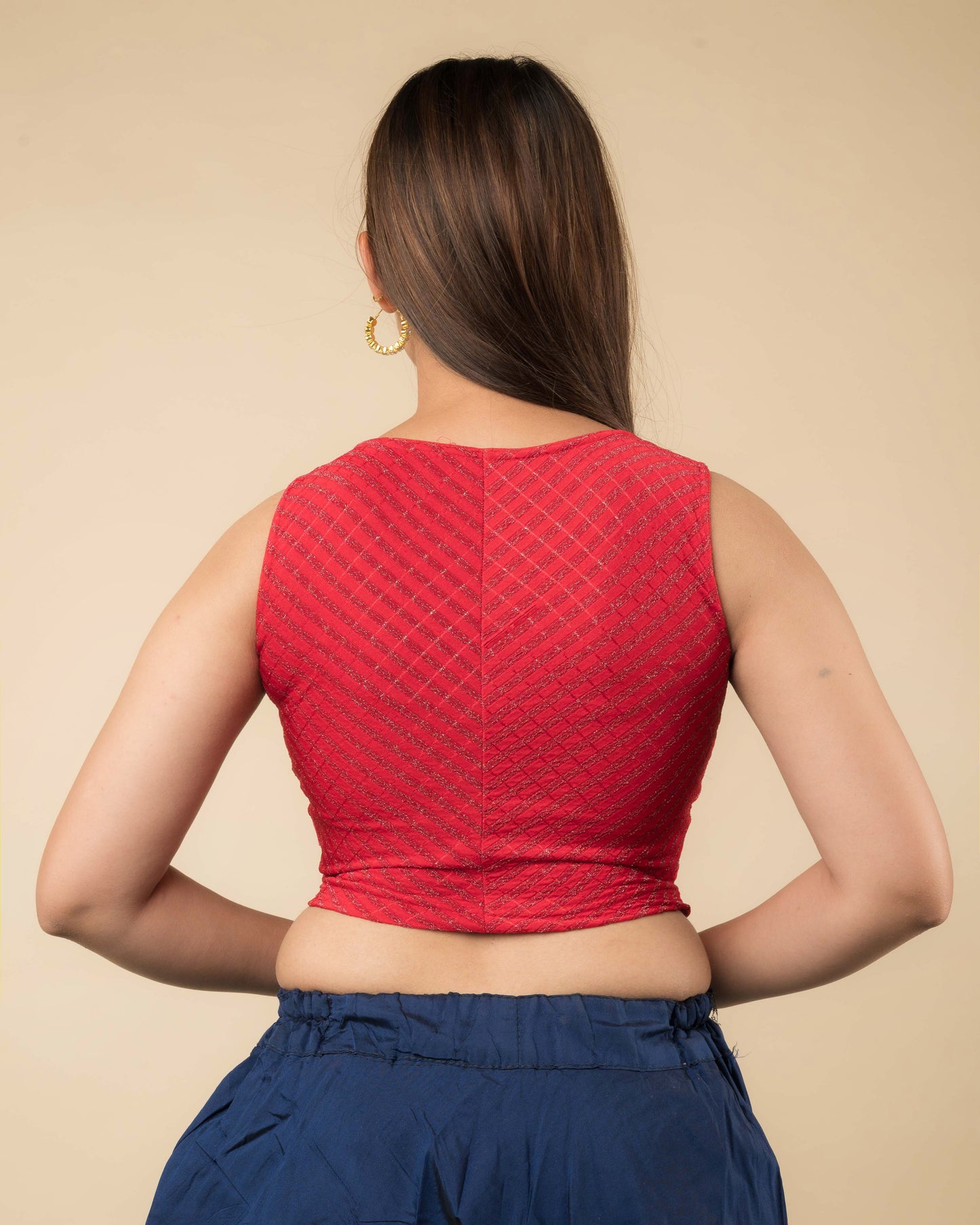 Dhara Red Metallic Striped Sleeveless Blouse with Boat Neck by Advi