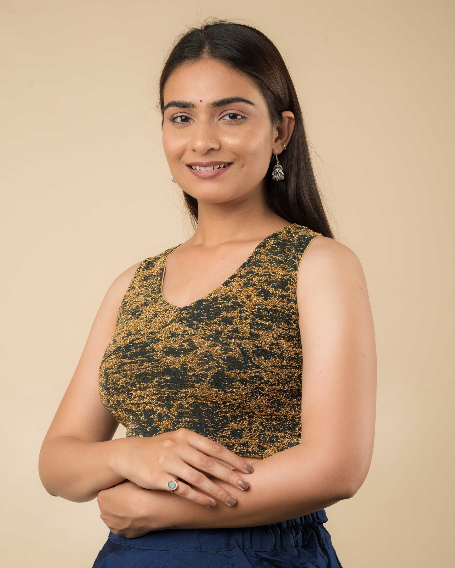 Shaheen Bottle Green Brocade Zari Sleeveless V Neck Stretch Blouse by Advi