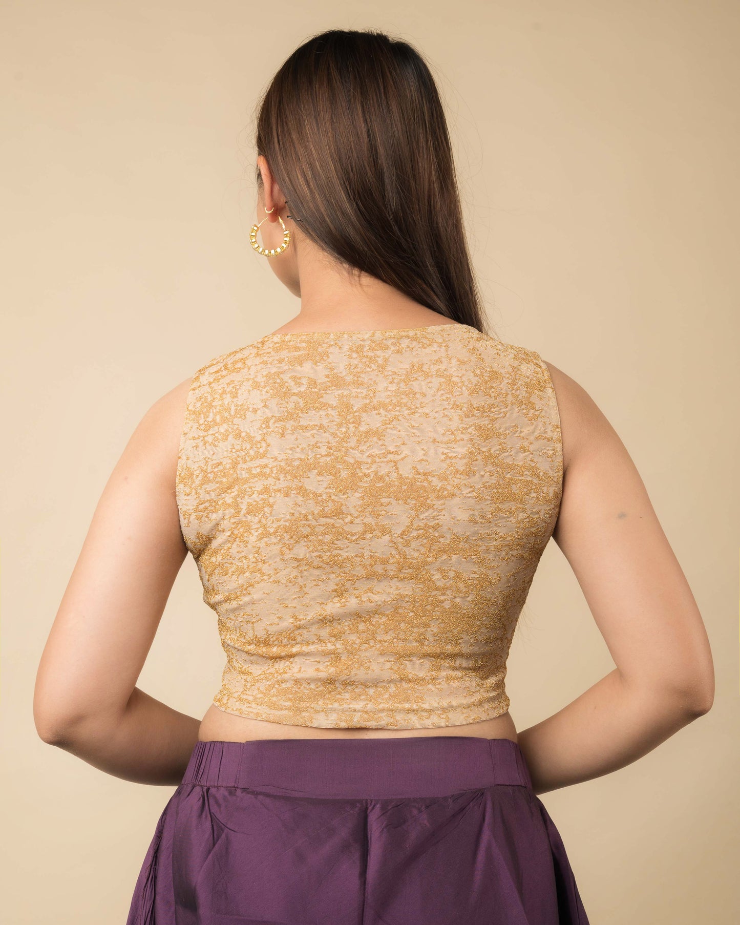 Shaheen Fawn Gold Zari Brocade Sleeveless V Neck Stretch Blouse by Advi