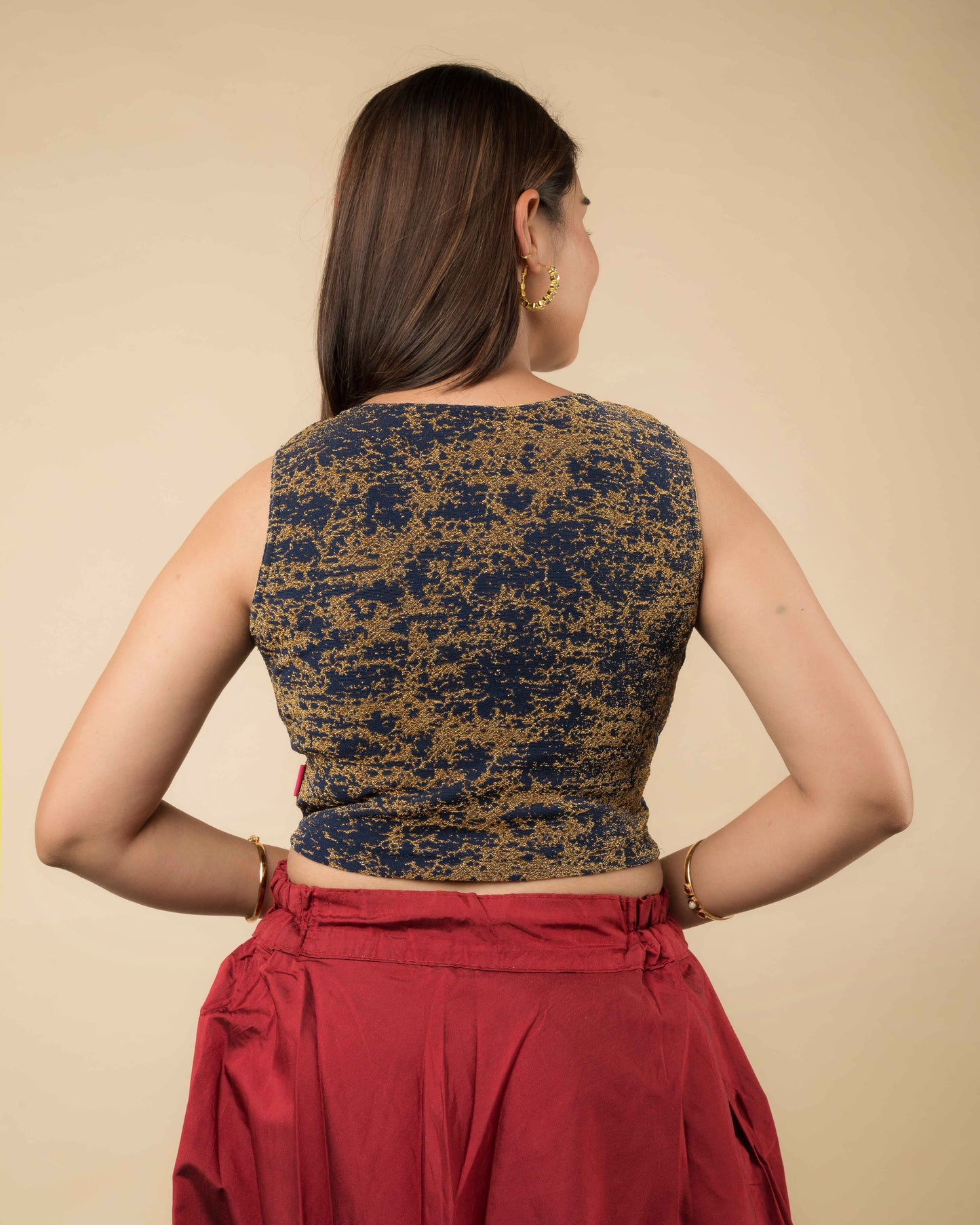 Shaheen Navy Brocade Zari V Neck Sleeveless Blouse with Stretch Fit by Advi