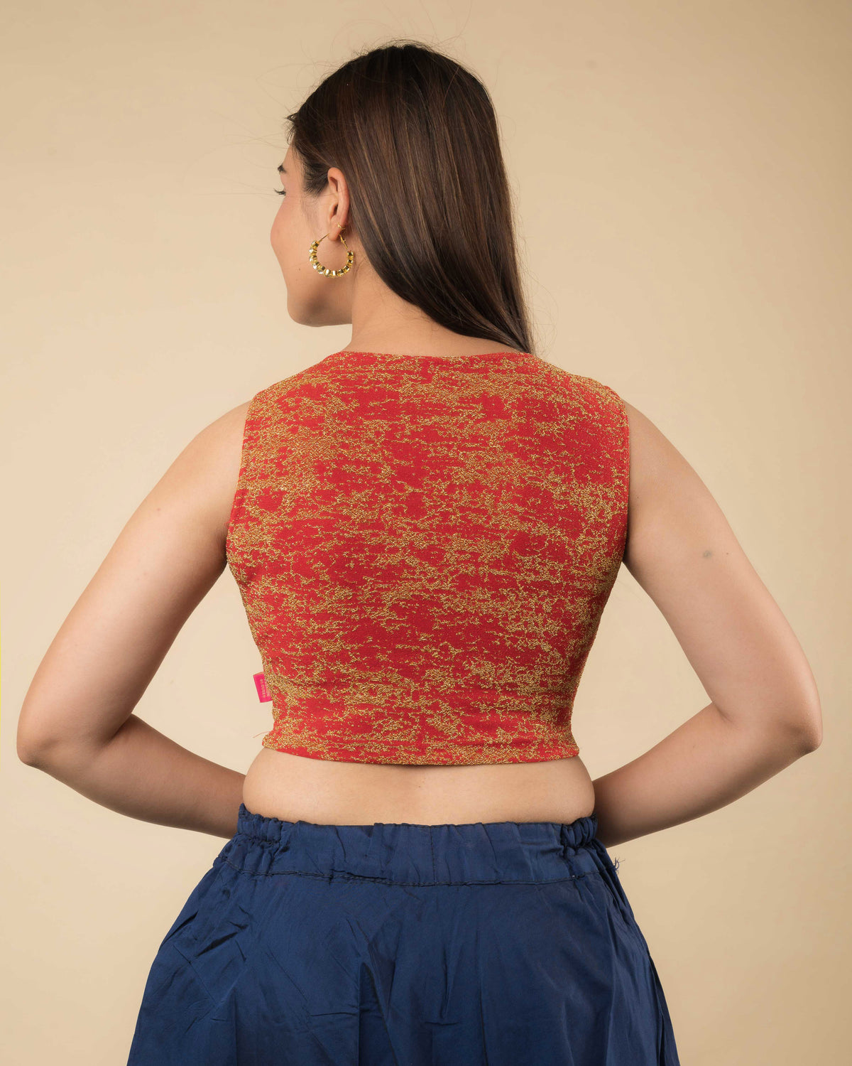 Shaheen Red Brocade Zari V Neck Sleeveless Blouse with Stretch Fit by Advi