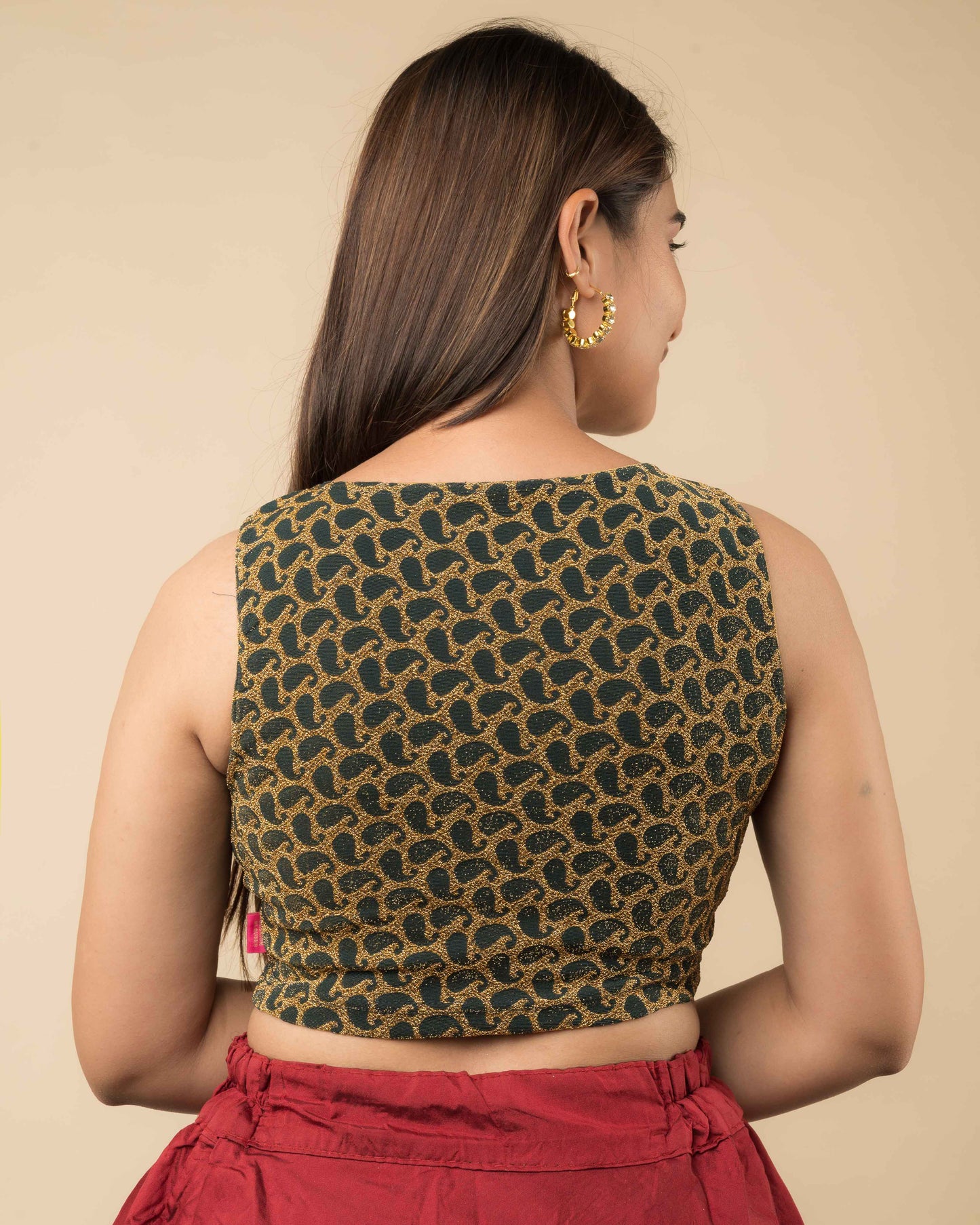 Shimona Bottle Green Zari Brocade Round Neck Stretch Blouse by Advi