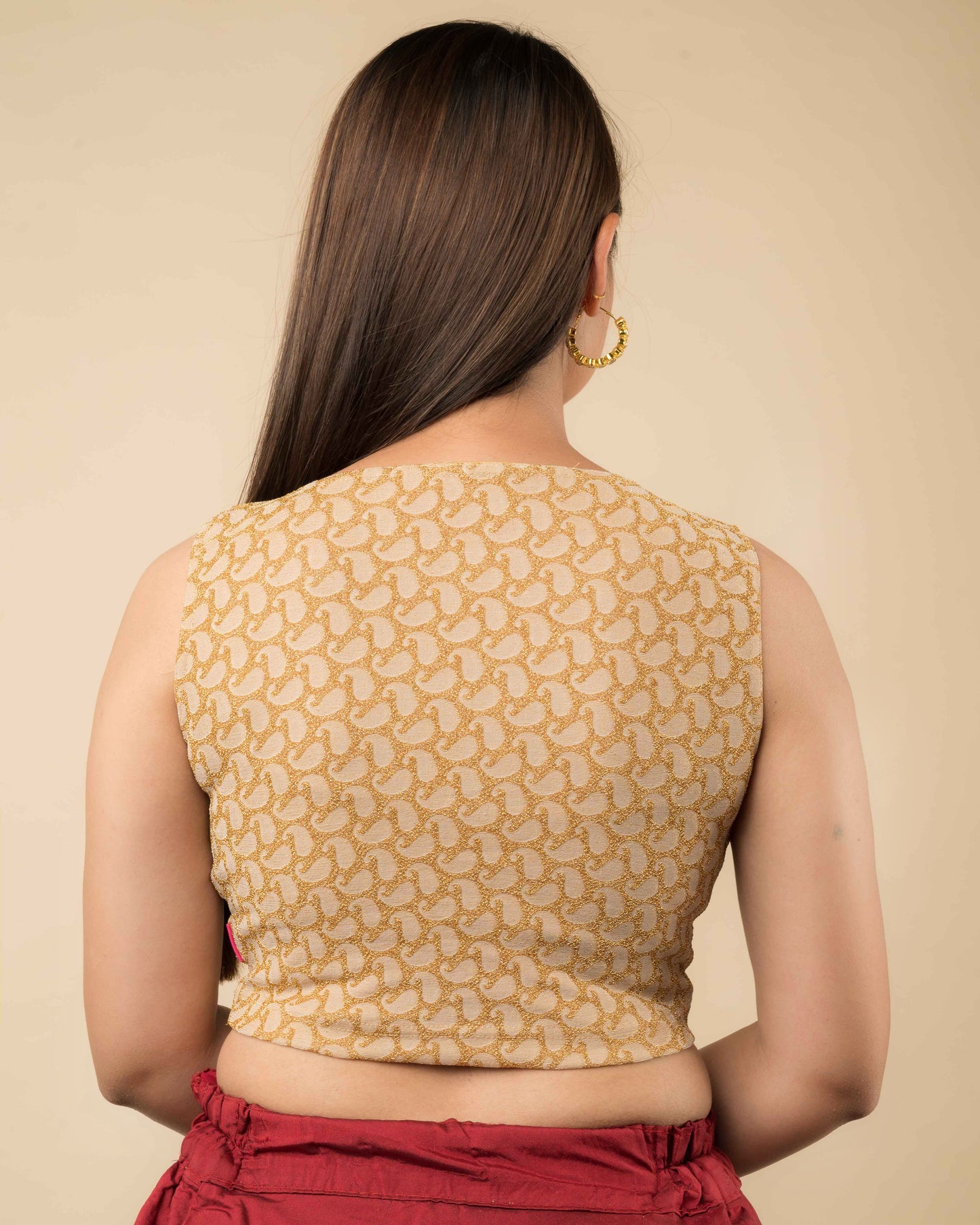 Shimona Fawn Brocade Zari Sleeveless Round Neck Stretch Blouse Advi