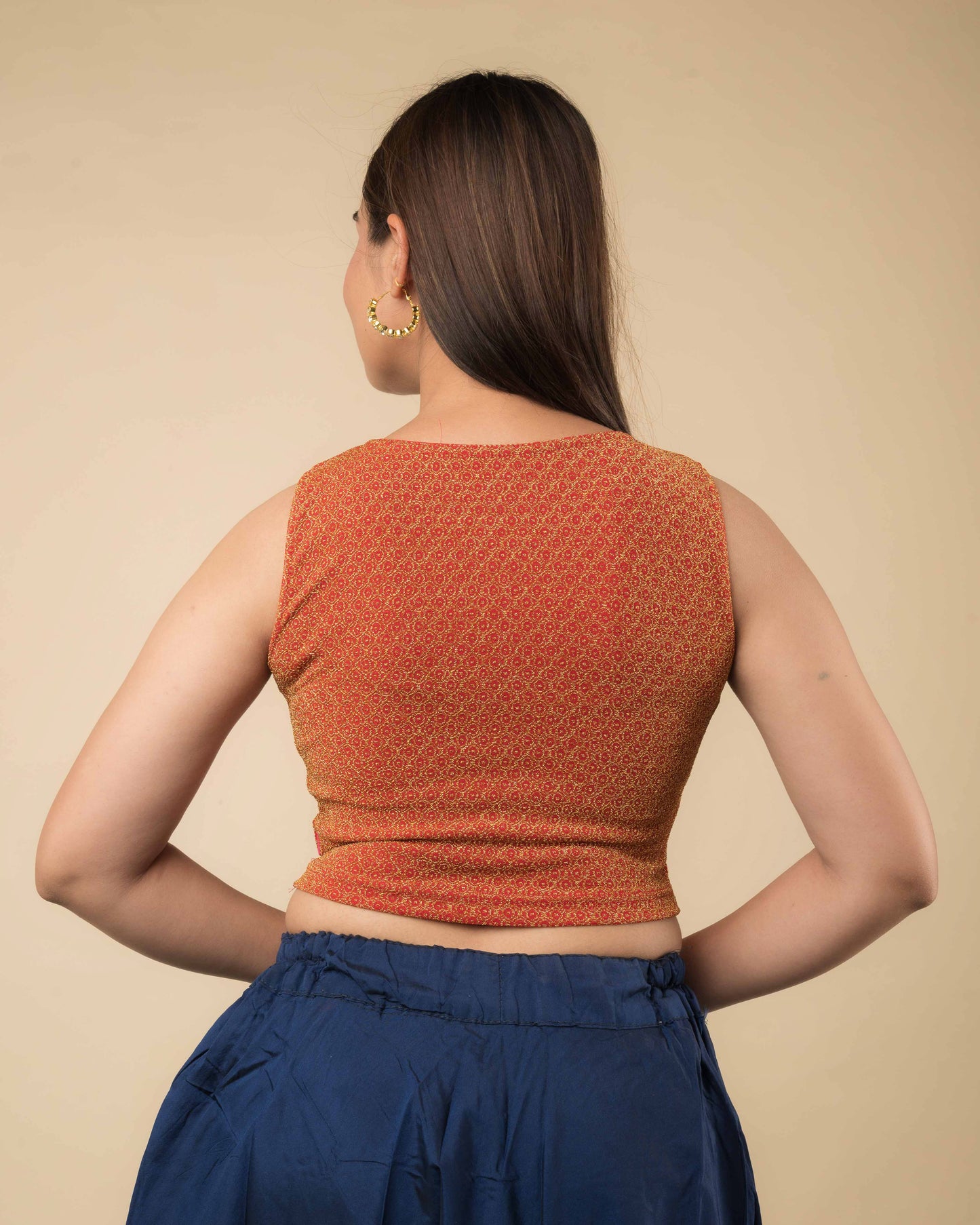 Shimona Red Zari Brocade Banarasi Round Neck Stretch Blouse by Advi