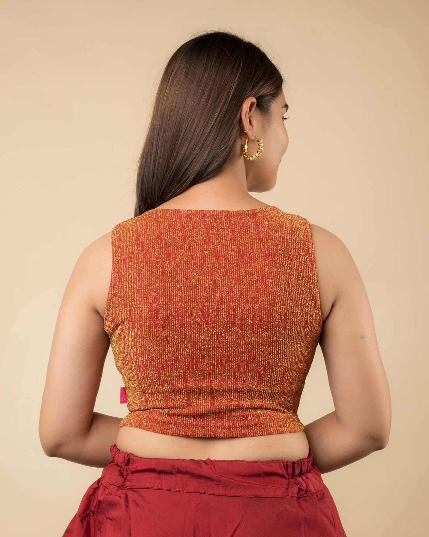 Shimona Red Banarasi Zari Sleeveless Round Neck Stretch Blouse by Advi