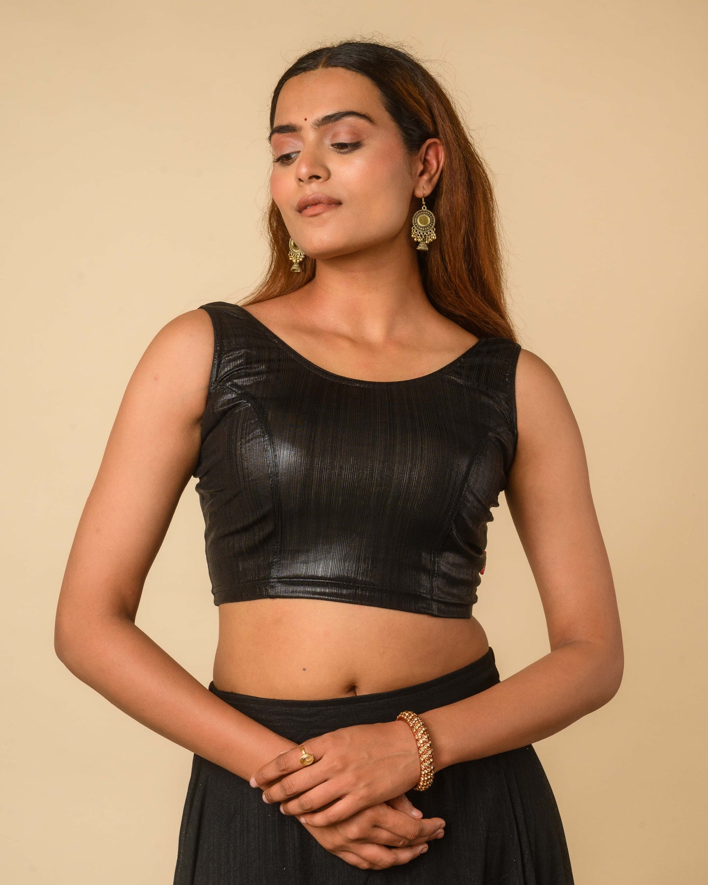 Oorfi Black Metallic Shimmer Sleeveless Stretchable Saree Blouse Advi