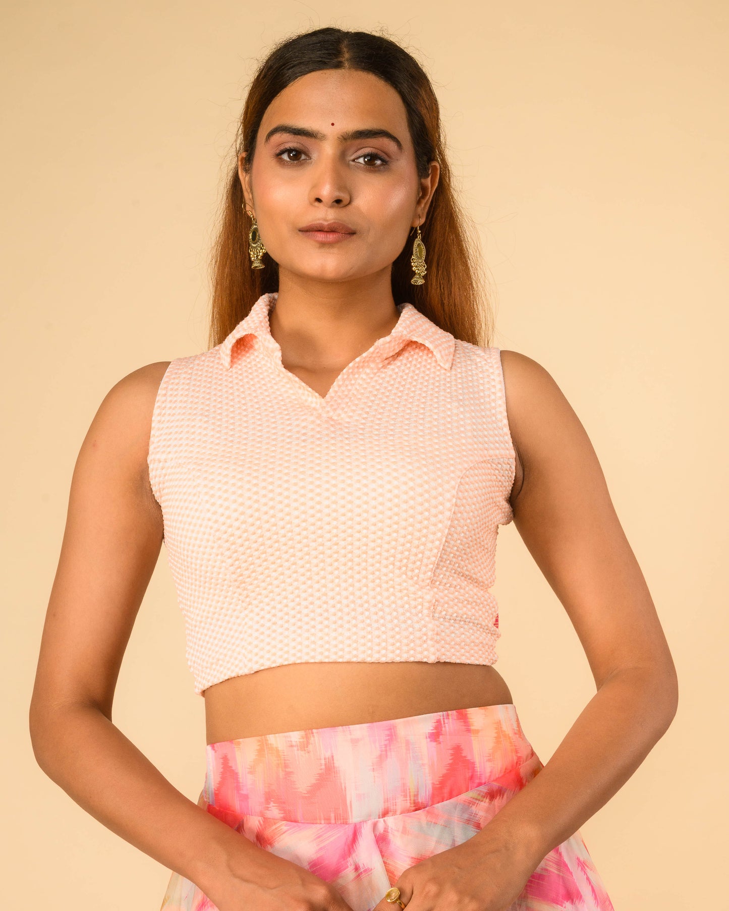 Daftar Peach Gingham Sleeveless Stretchable Saree Blouse Advi