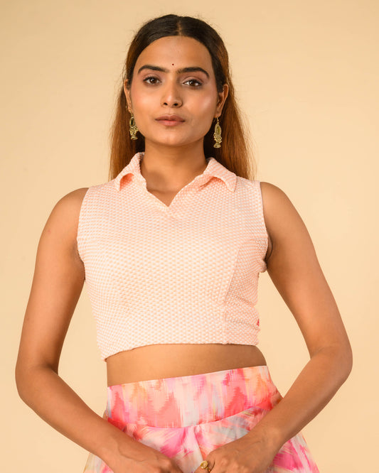 Daftar Peach Gingham Sleeveless Stretchable Saree Blouse Advi