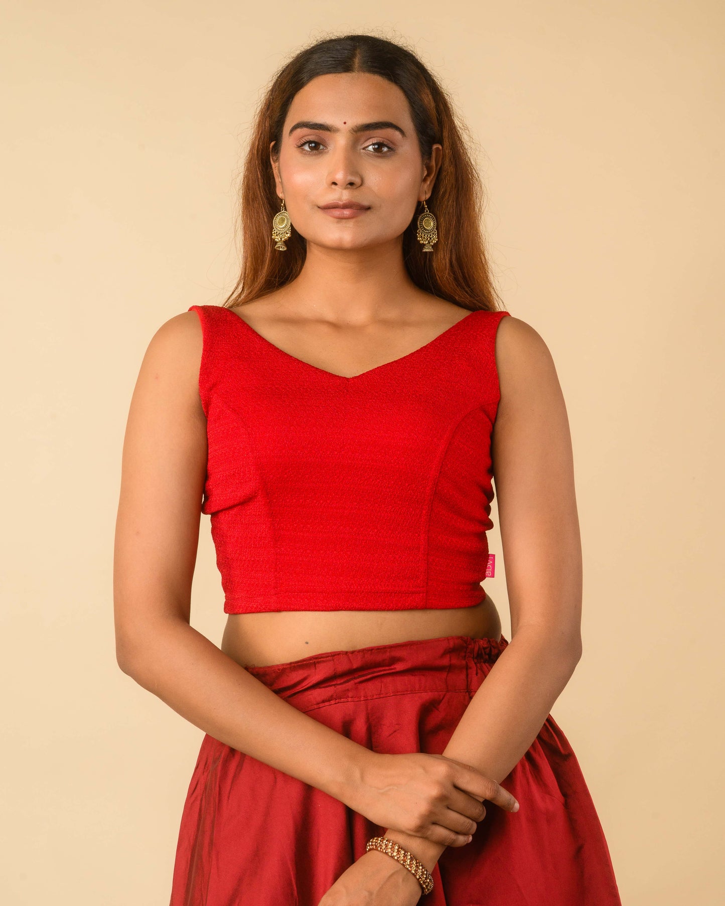 Vidya Red Solid Textured Jacquard Readymade Saree Blouse – Stretchable Blouse – Advi