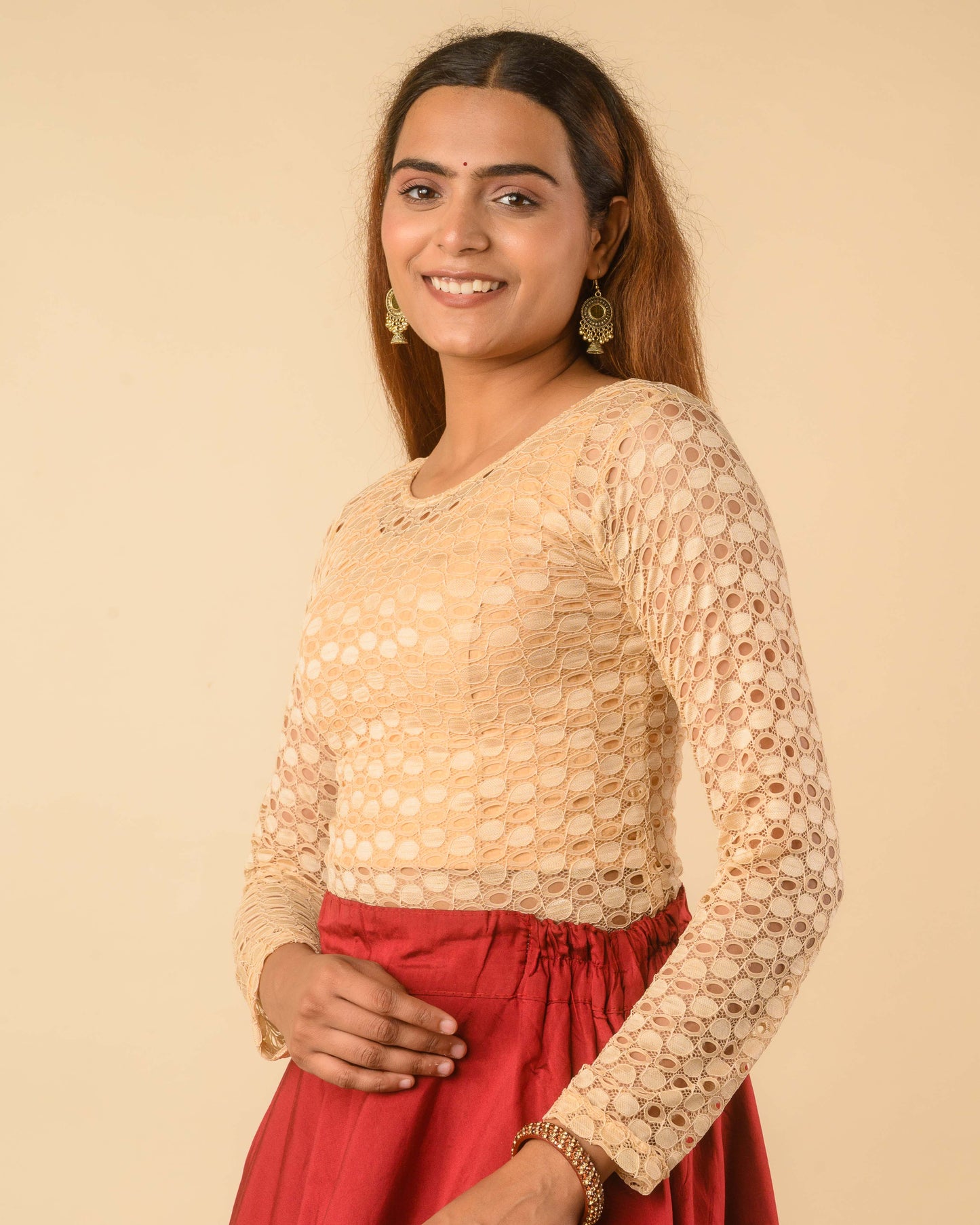 Maria Beige Lace Long Sleeve Readymade Saree Blouse – Advi set of 2