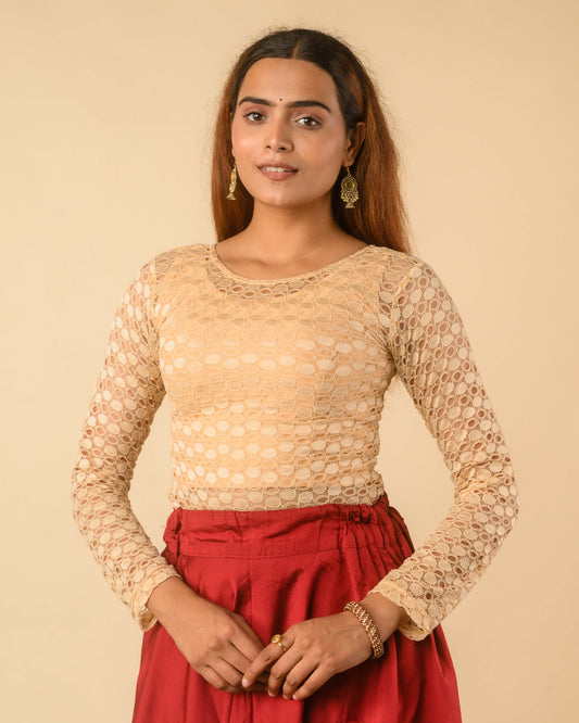 Maria Beige Lace Long Sleeve Readymade Saree Blouse – Advi set of 2