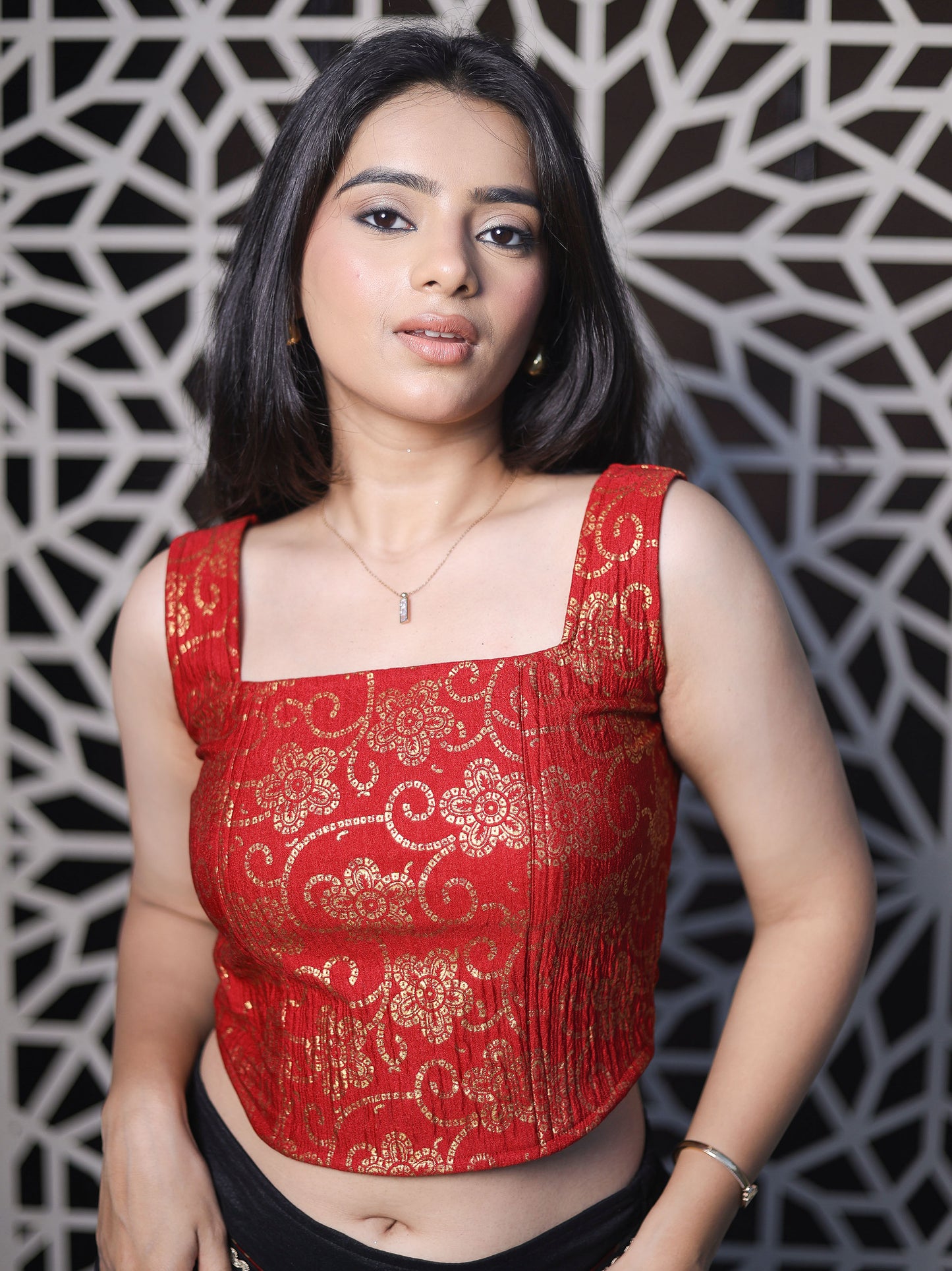 Padma Maroon Bandhej Corset Saree Blouse with Square Neckline Advi