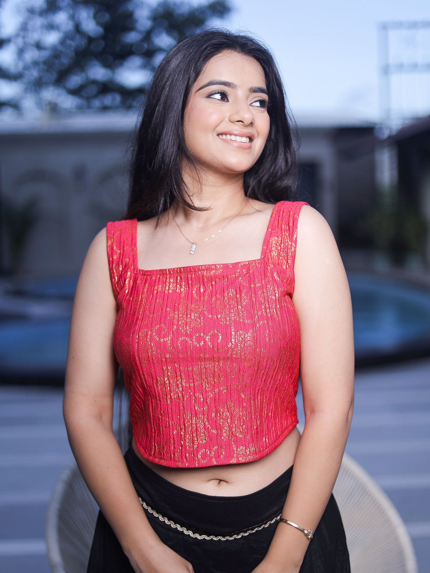 Padma Rani Pink Bandhej Corset Saree Blouse with Square Neckline Advi