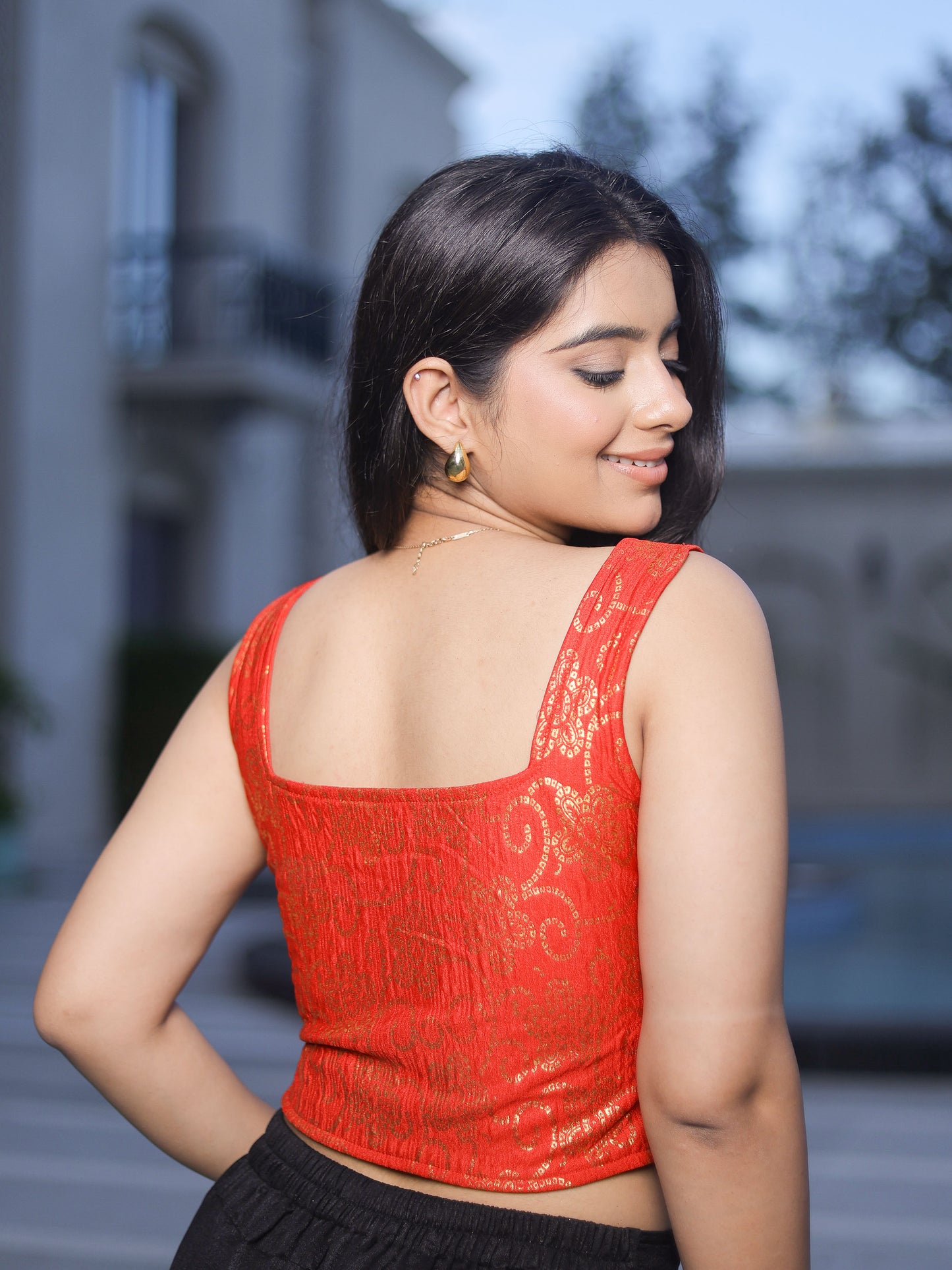 Padma Red Bandhej Corset Saree Blouse with Square Neckline Advi