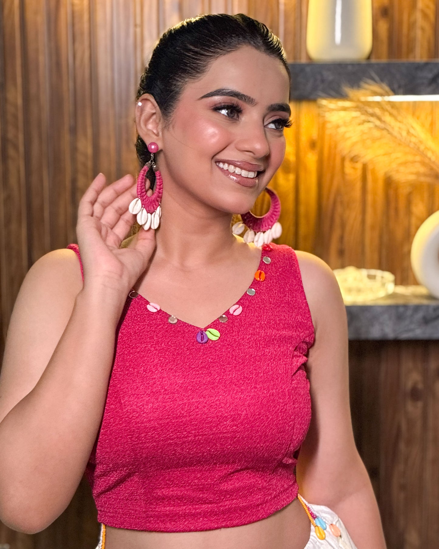 Pankhida Rani Festive Sleeveless Stretchable Blouse with Cowri & Mirror Work