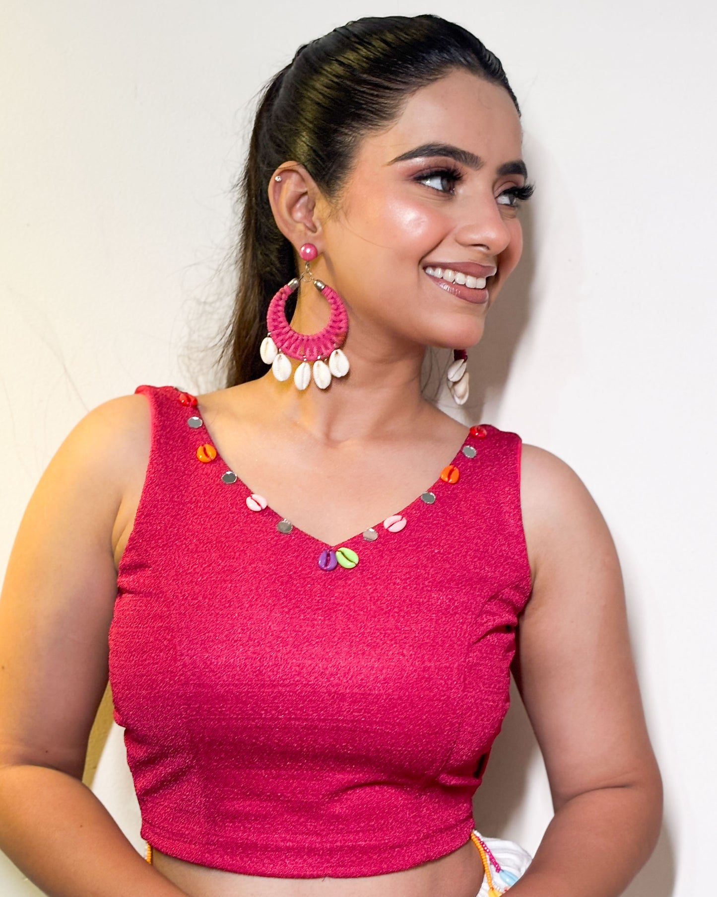 Pankhida Rani Festive Sleeveless Stretchable Blouse with Cowri & Mirror Work