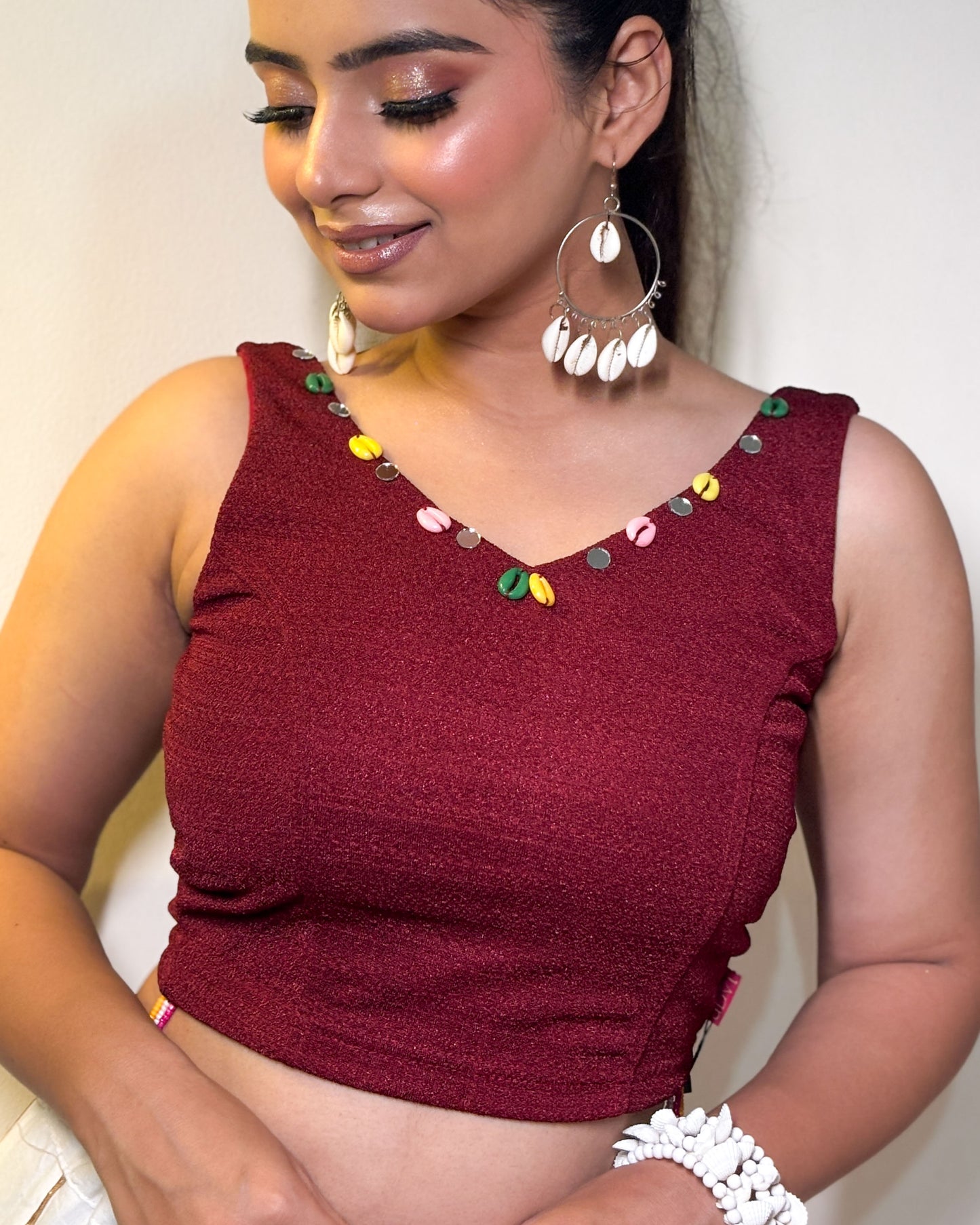 Pankhida Maroon Festive Sleeveless Stretchable Blouse with Cowri & Mirror Work