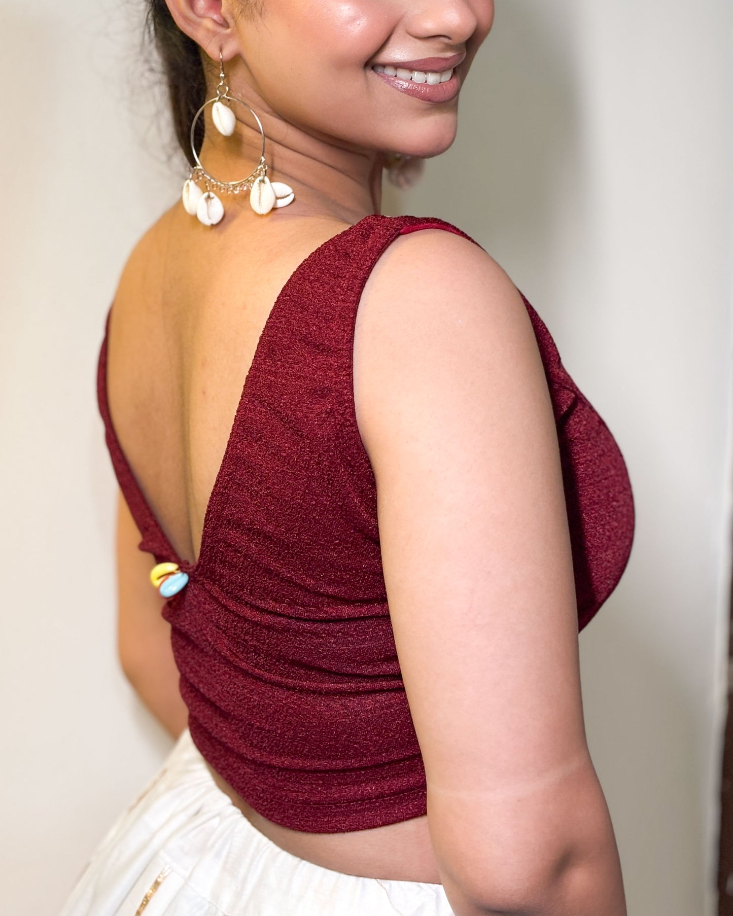 Pankhida Maroon Festive Sleeveless Stretchable Blouse with Cowri & Mirror Work