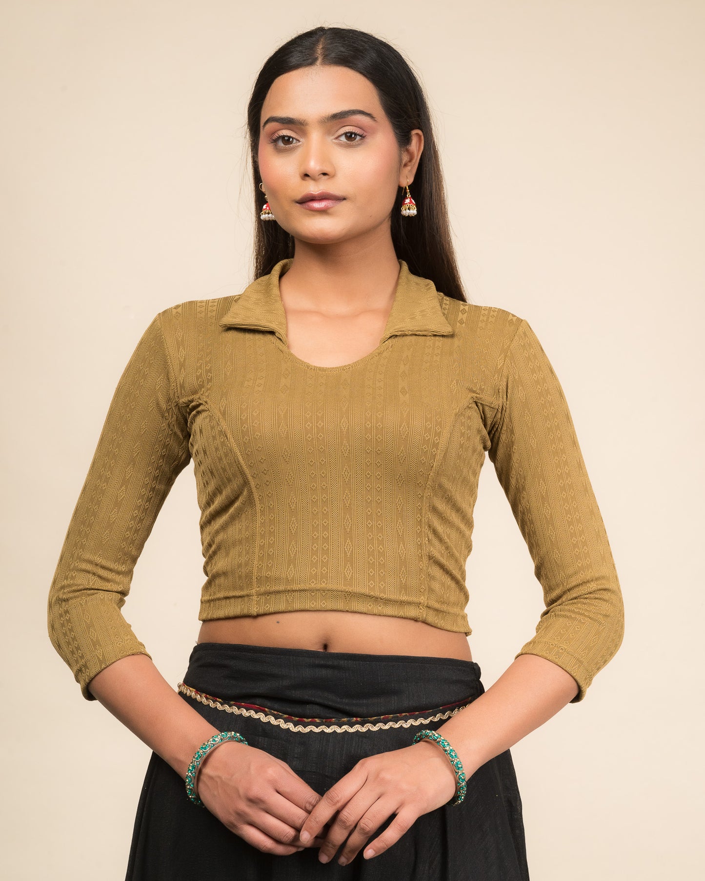 Rakhi Dark Gold Ikat Stripe Collar Long Sleeve Blouse advi