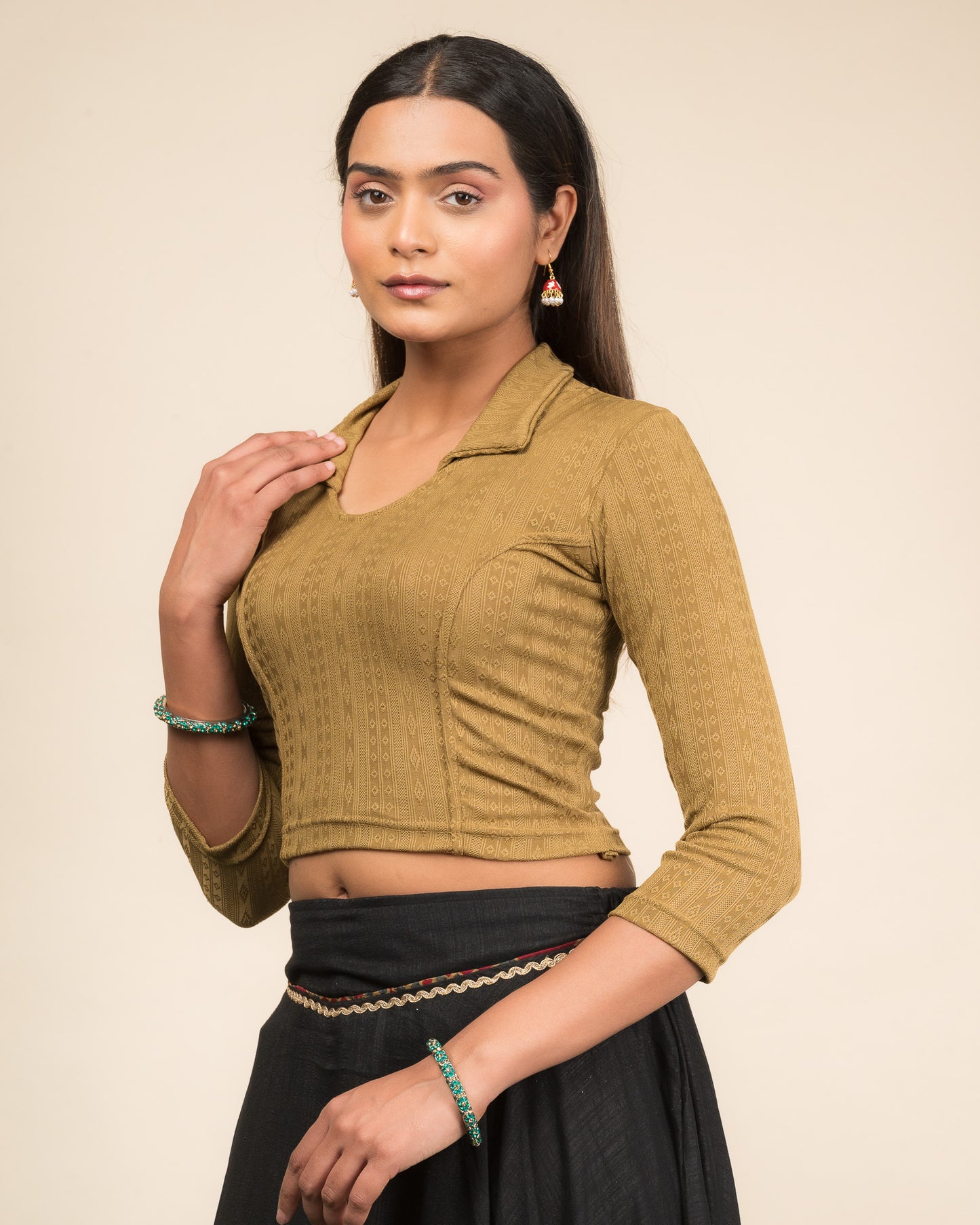 Rakhi Dark Gold Ikat Stripe Collar Long Sleeve Blouse advi