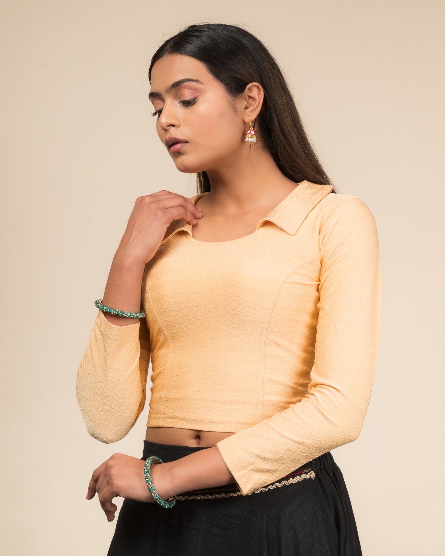 Kullu Winter Collar Jacquard Long Sleeve Stretchable Saree Blouse
