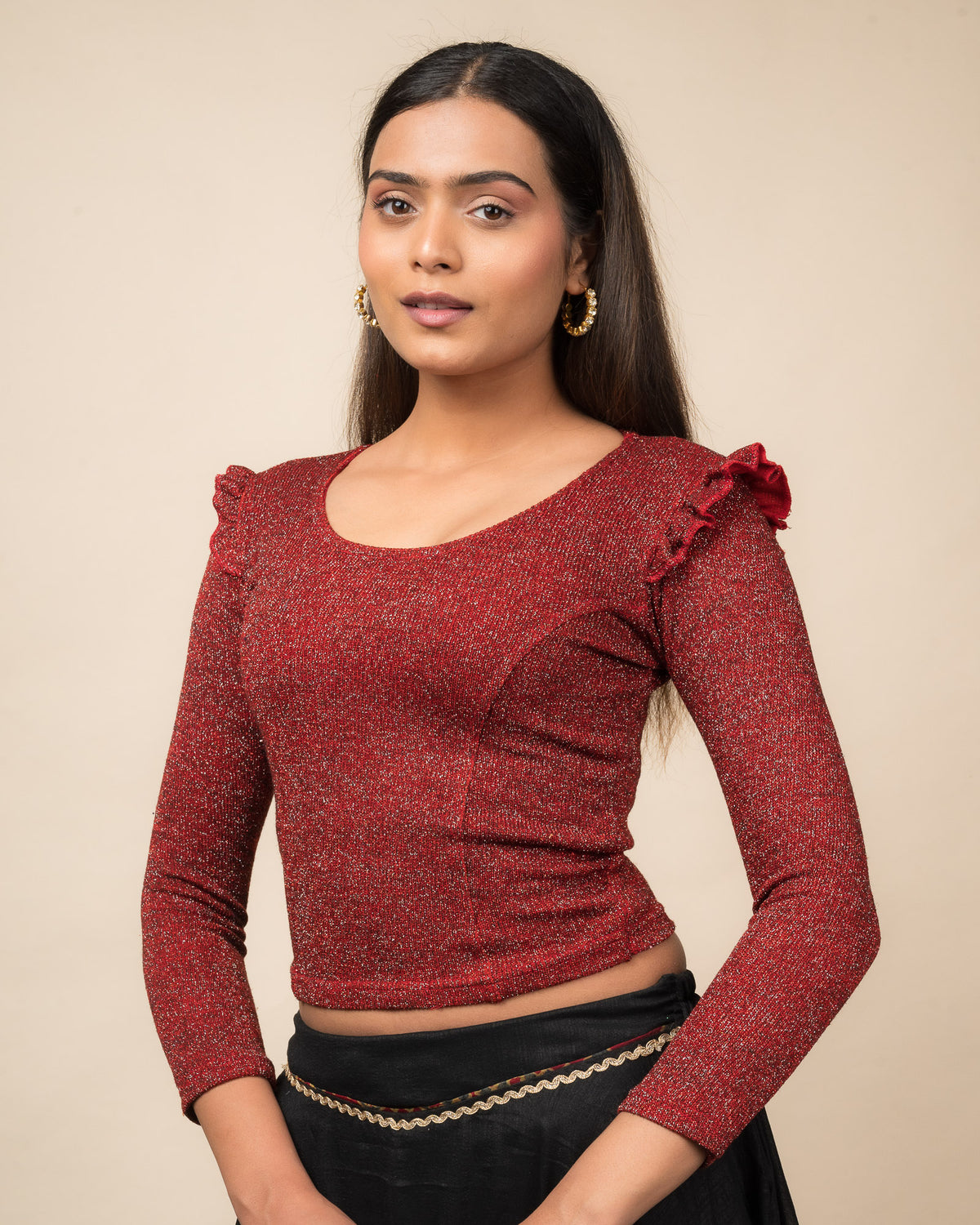 Shillong Sweater Ruffle Knit Metallic Lurex Long Sleeve Stretchable Slip On Blouse