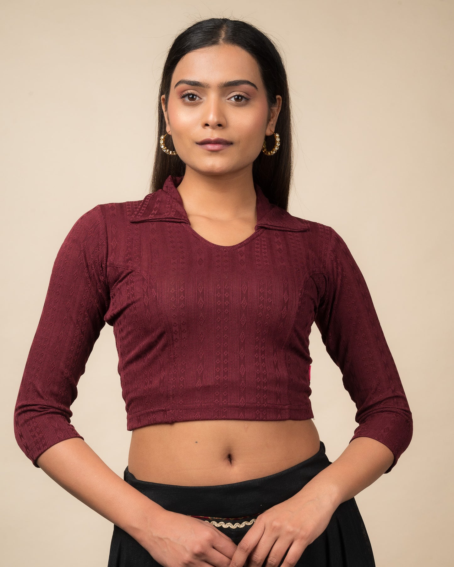 Rakhi Maroon Collar Long Sleeve Ikat Print Winter Blouse advi