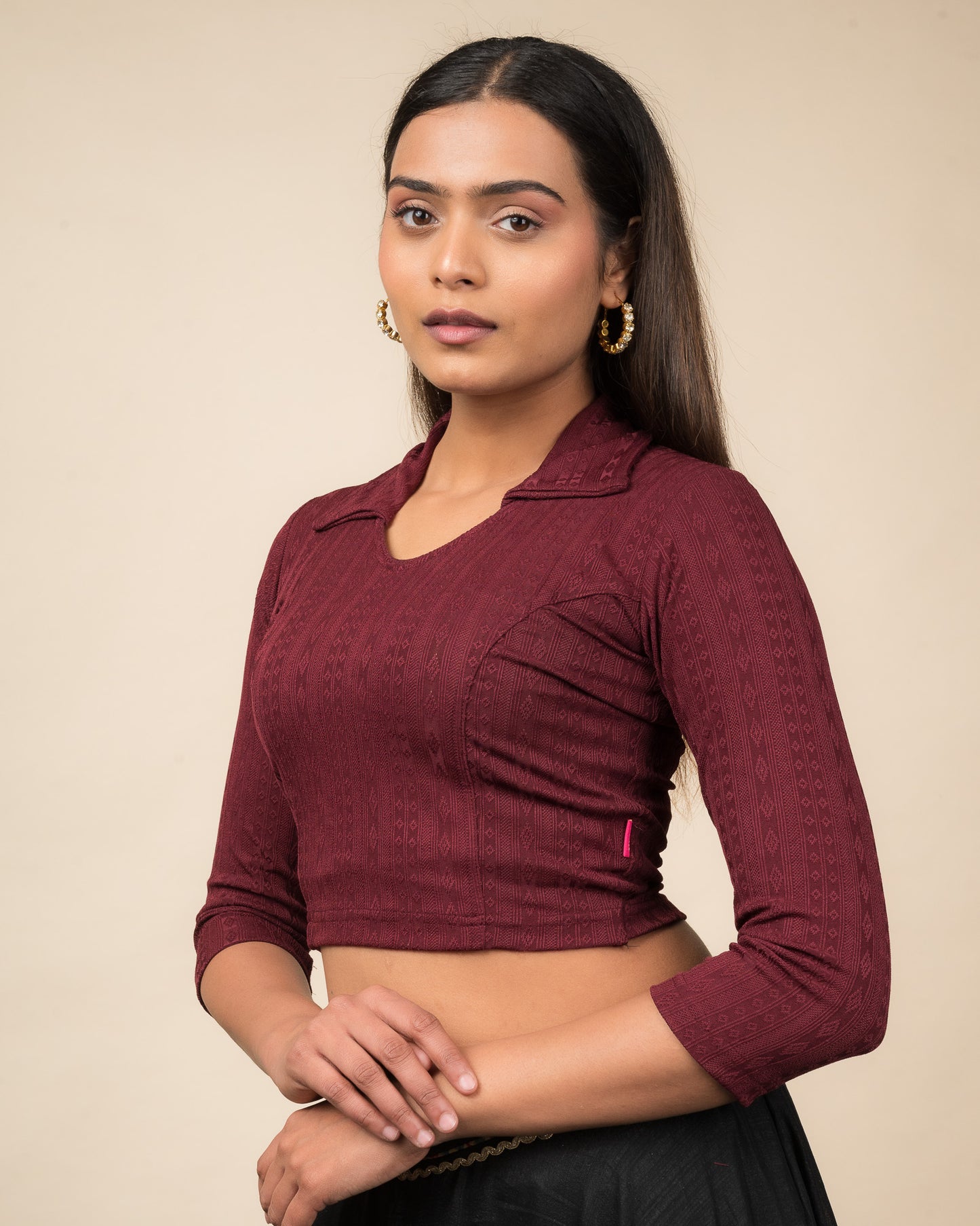 Rakhi Maroon Collar Long Sleeve Ikat Print Winter Blouse advi