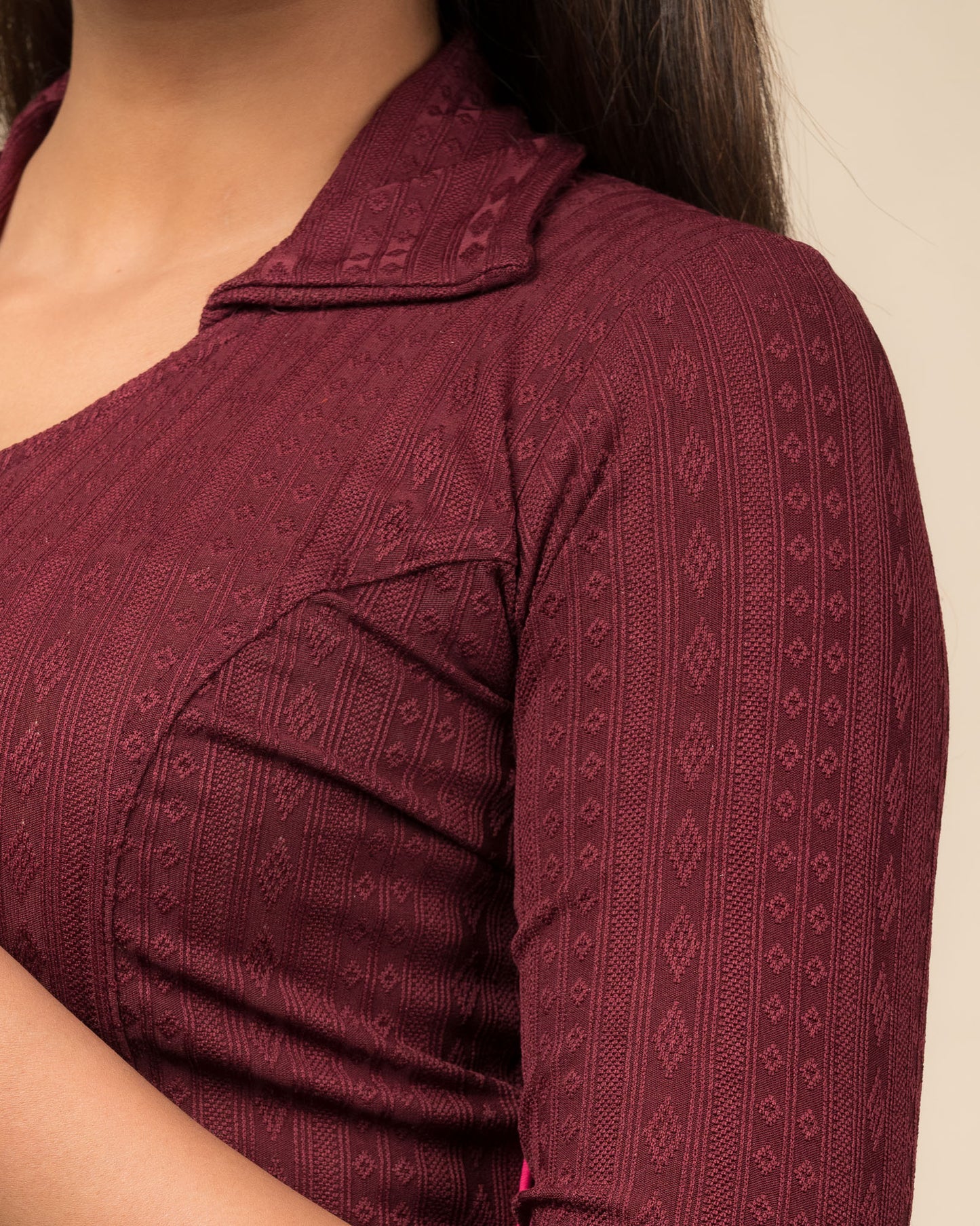 Rakhi Maroon Collar Long Sleeve Ikat Print Winter Blouse advi