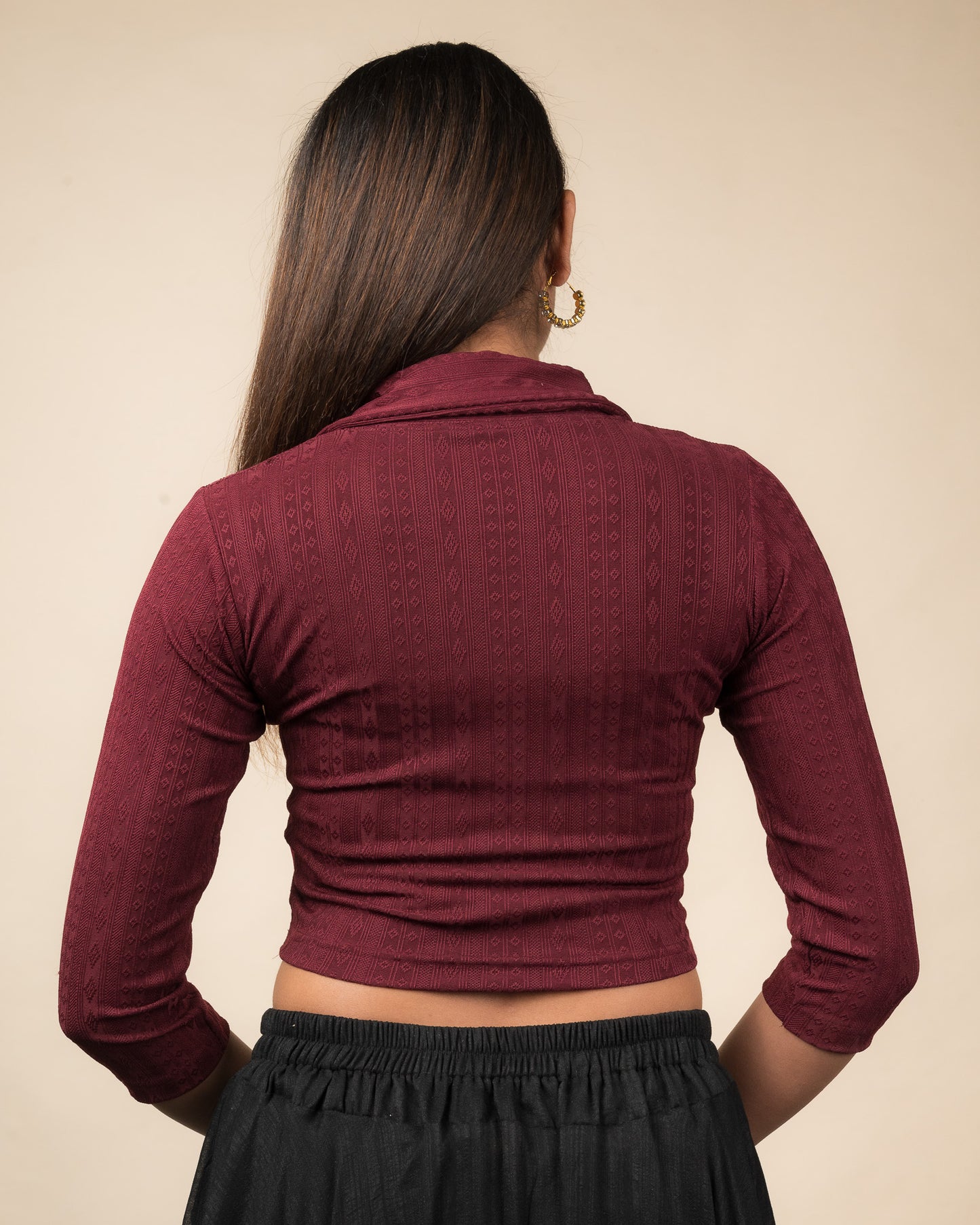 Rakhi Maroon Collar Long Sleeve Ikat Print Winter Blouse advi