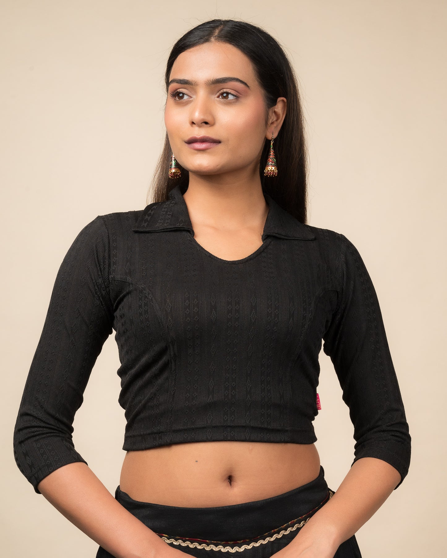 Rakhi Black Geometric Collar Long Sleeve Stretchable Blouse advi