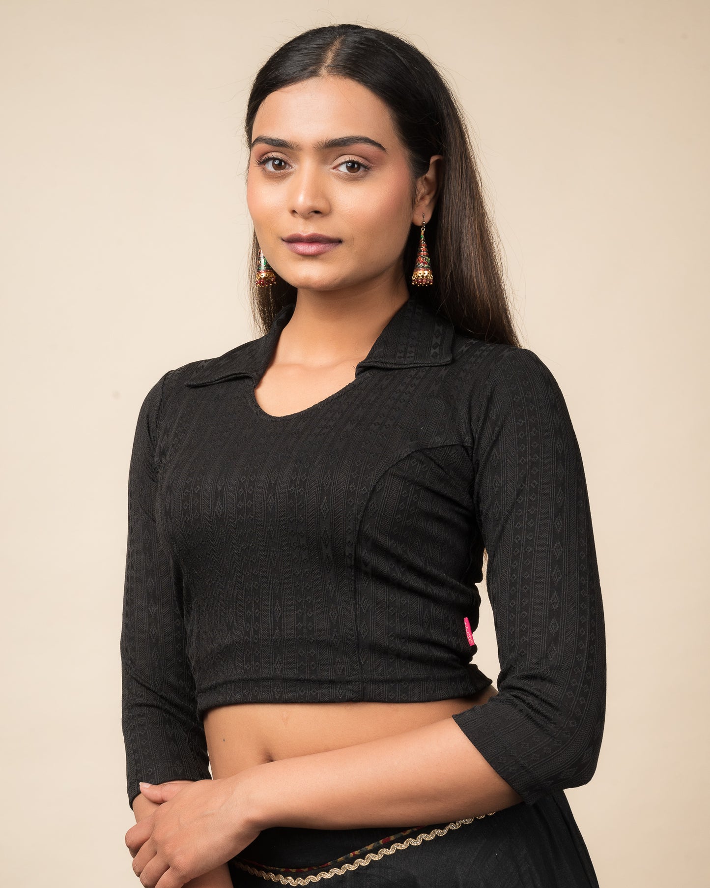 Rakhi Black Geometric Collar Long Sleeve Stretchable Blouse advi