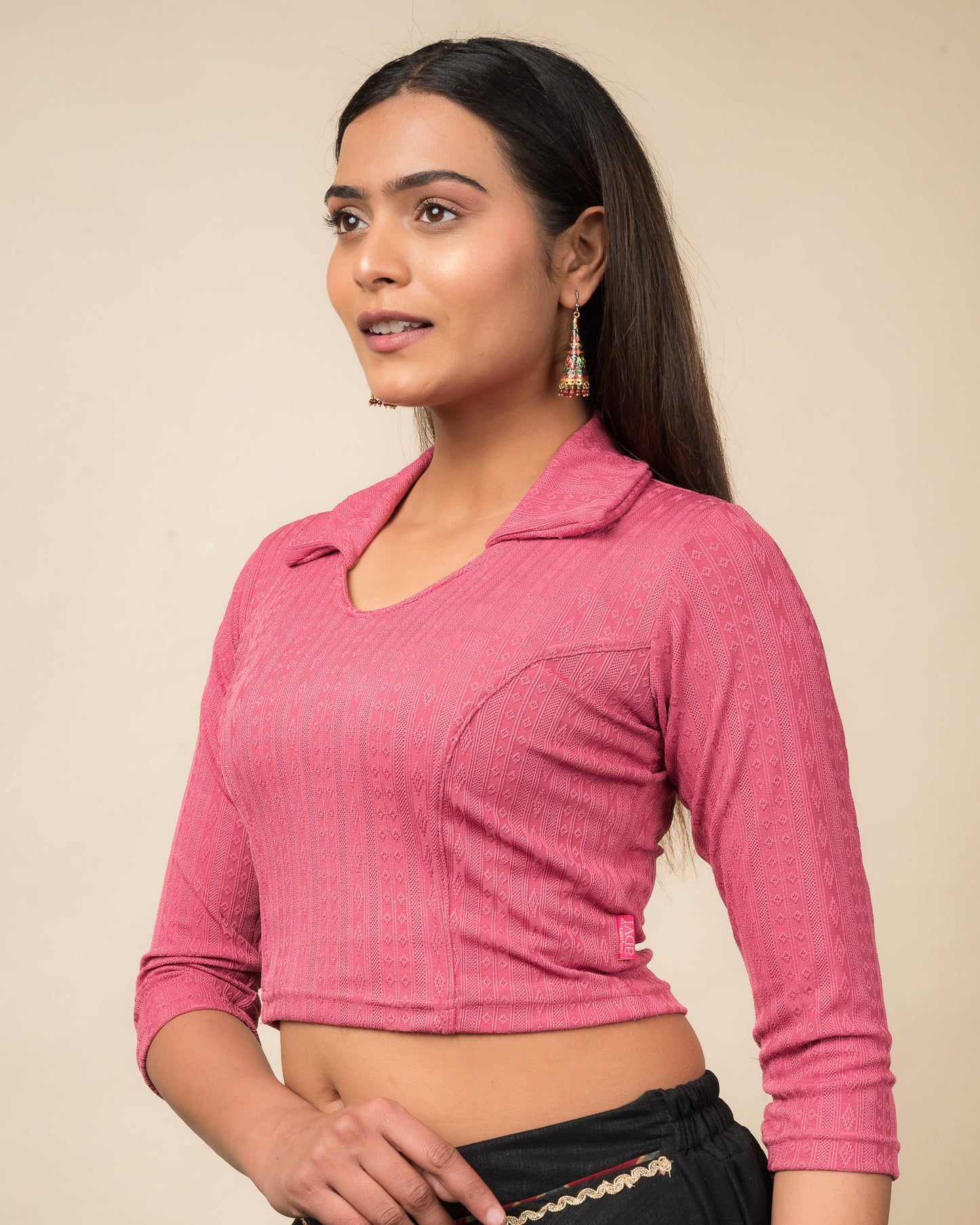 Rakhi Pink Ikat Striped Collar Long Sleeve Slip On Blouse advi