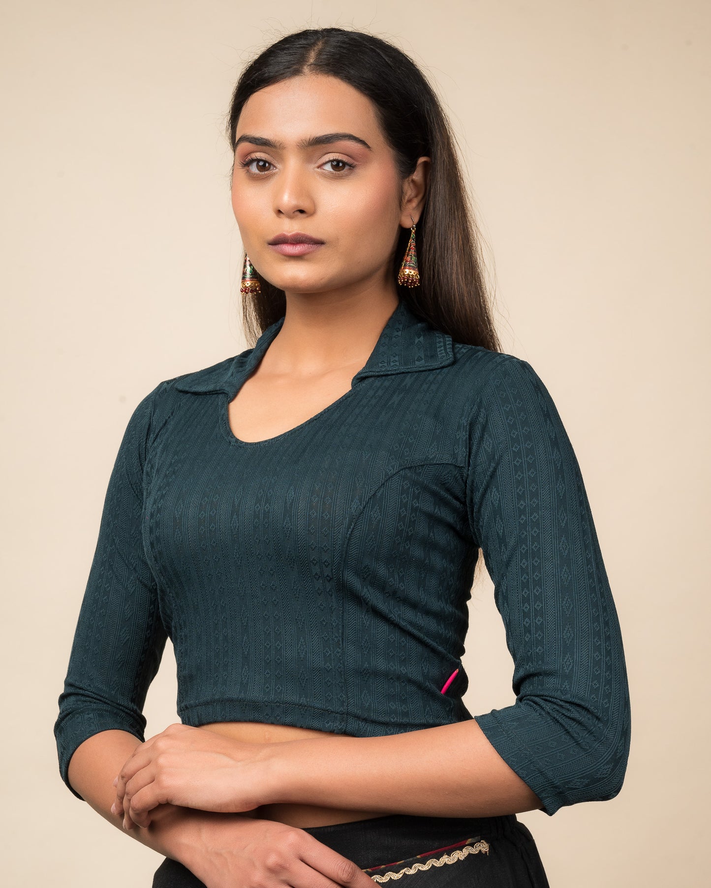 Rakhi Bottle Green Ikat Collar Long Sleeve Stretch Blouse advi